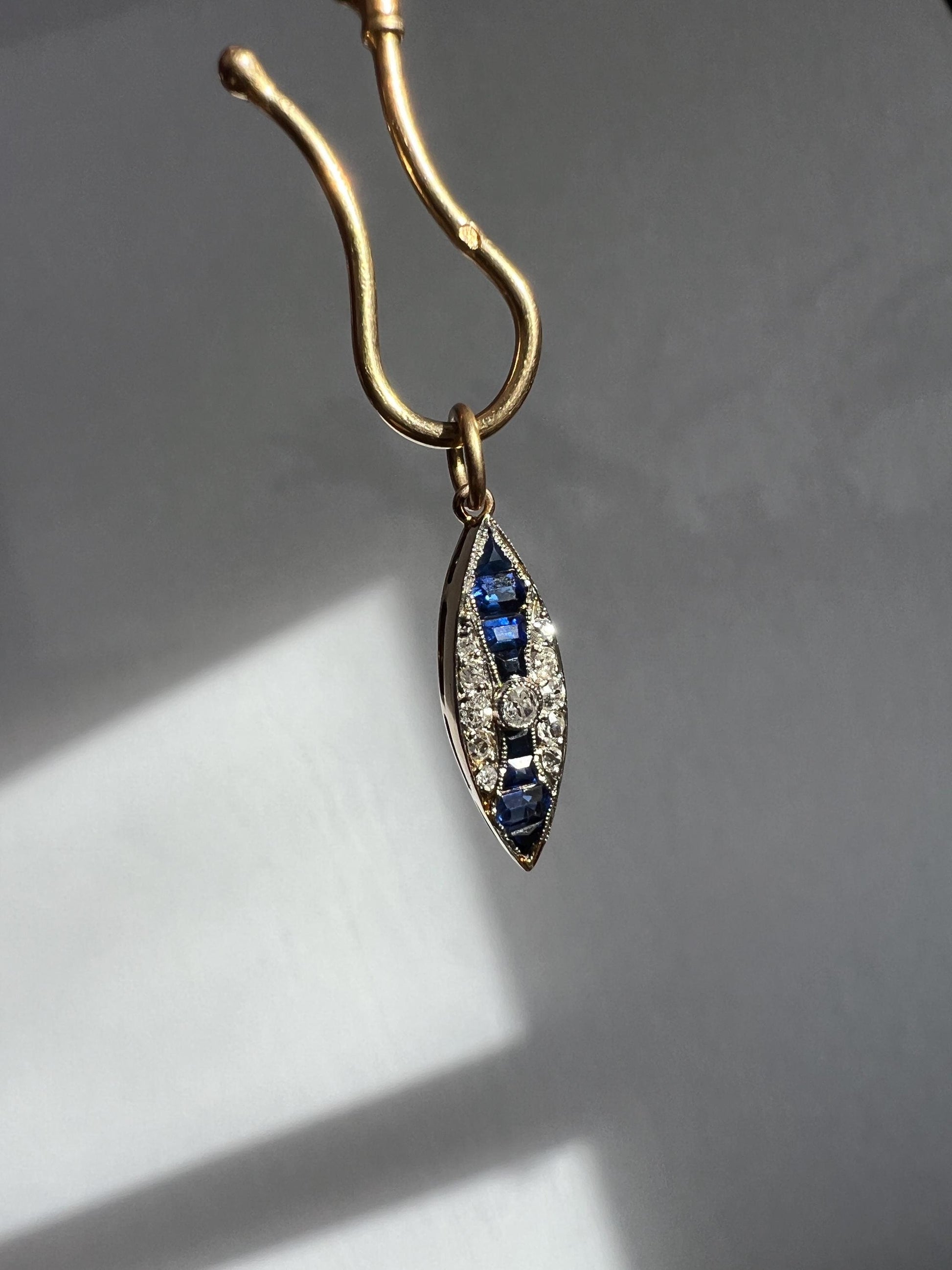 Marquise Single Cut Old Mine Cut DIAMOND Blue SAPPHIRE Dangle Pendant Charm 14k Gold TwoTone Custom Carre Cut Romantic Gift Unique Edwardian