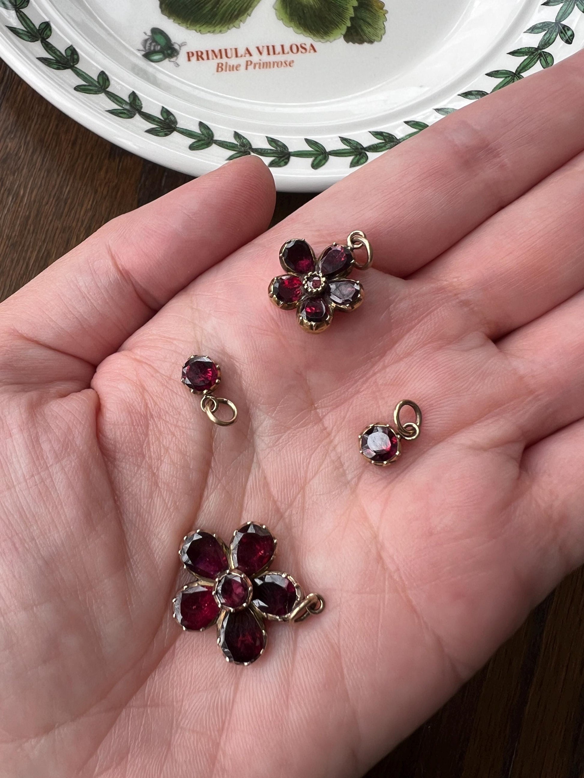 Small ANTIQUE Flower Flat Cut Juicy Purple GARNET Pendant Charm Georgian Foiled Closed Back Forget Me Not Figural Glowing Victorian Pink Red