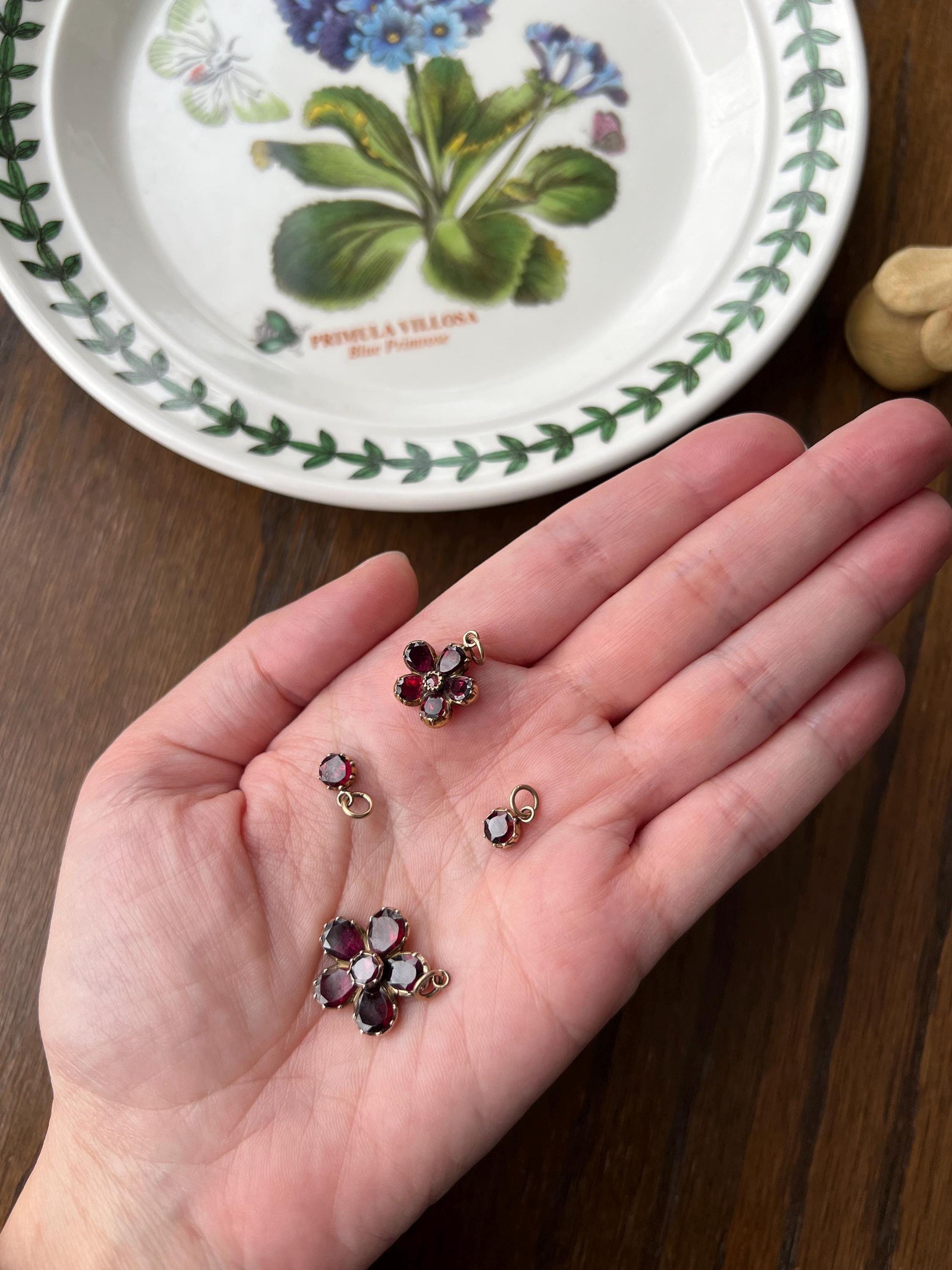 Larger ANTIQUE Flower Flat Cut Juicy Purple GARNET Pendant Charm Georgian Foiled Domed Back Forget Me Not Figural Glowing Victorian Pink Red