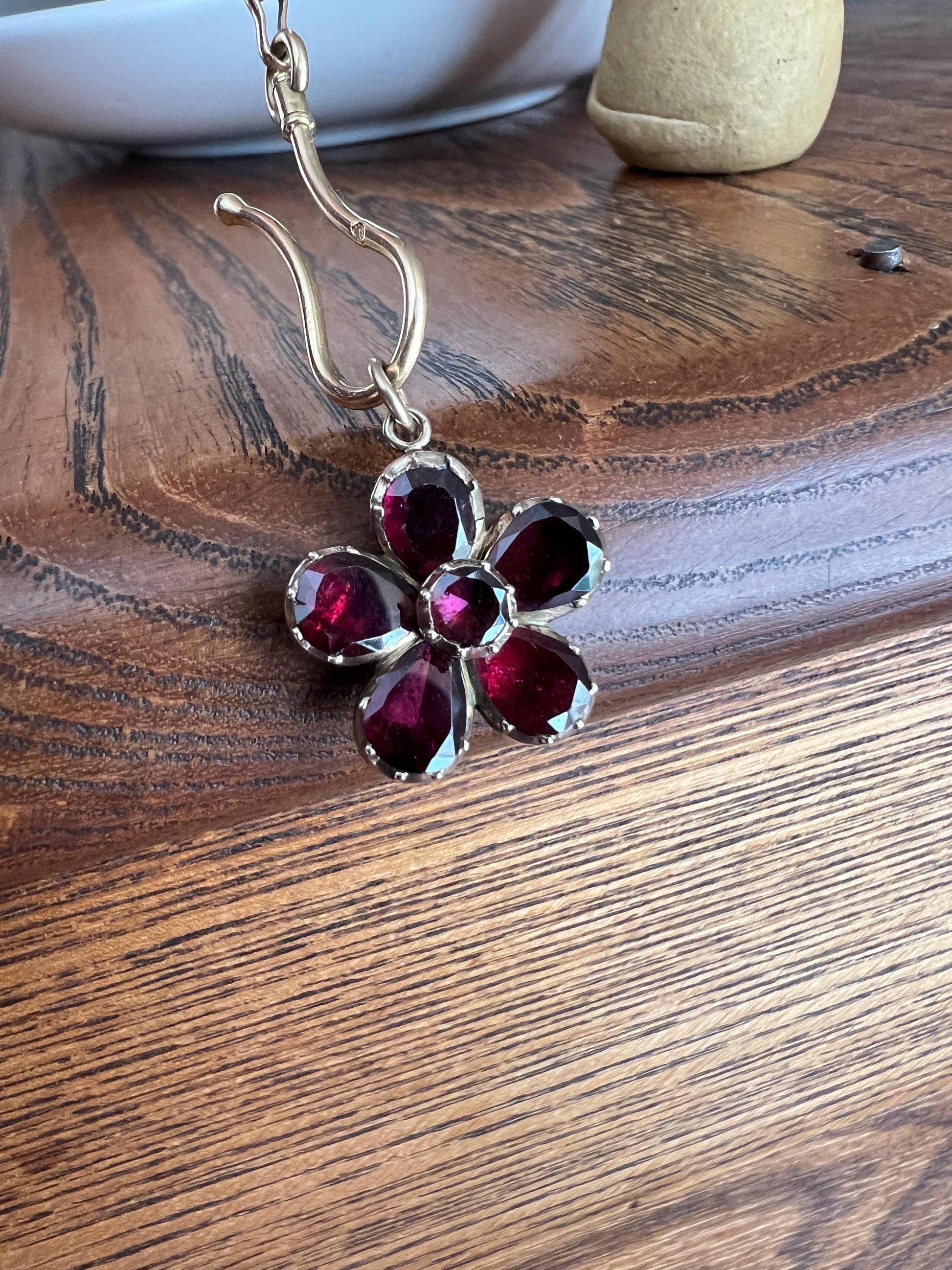 Larger ANTIQUE Flower Flat Cut Juicy Purple GARNET Pendant Charm Georgian Foiled Domed Back Forget Me Not Figural Glowing Victorian Pink Red