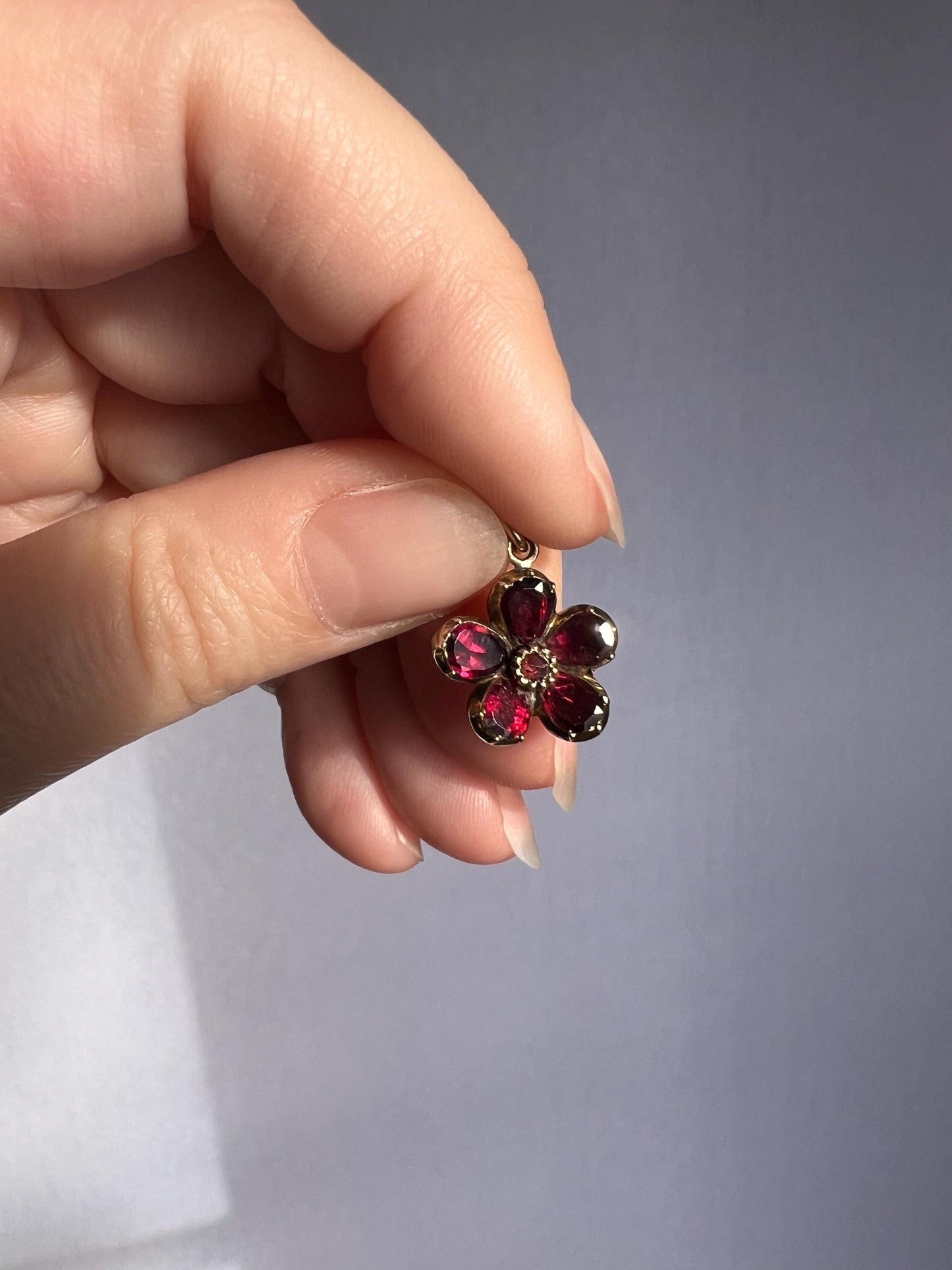 Small ANTIQUE Flower Flat Cut Juicy Purple GARNET Pendant Charm Georgian Foiled Closed Back Forget Me Not Figural Glowing Victorian Pink Red