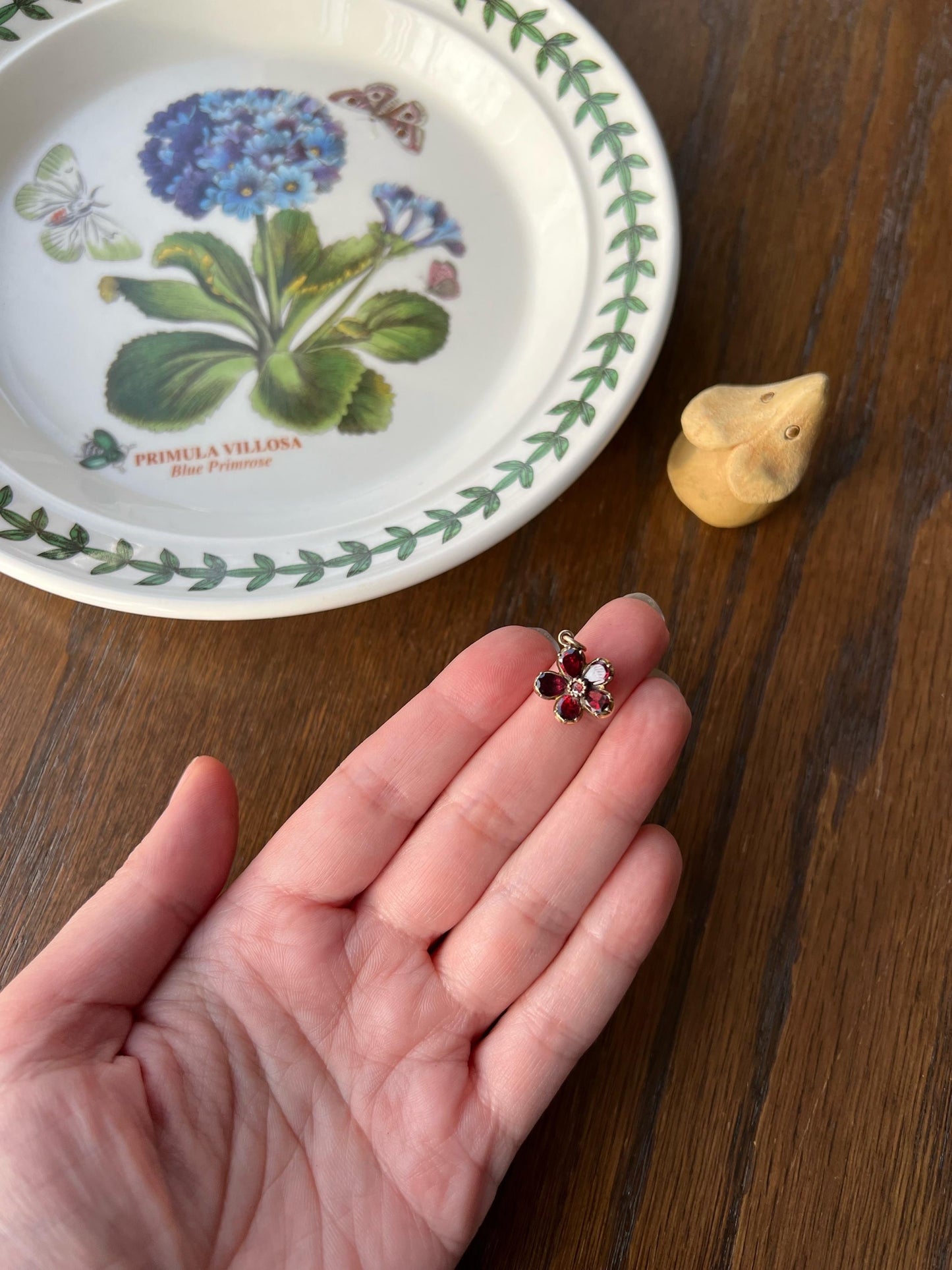 Small ANTIQUE Flower Flat Cut Juicy Purple GARNET Pendant Charm Georgian Foiled Closed Back Forget Me Not Figural Glowing Victorian Pink Red