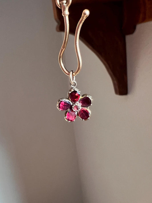 Small ANTIQUE Flower Flat Cut Juicy Purple GARNET Pendant Charm Georgian Foiled Closed Back Forget Me Not Figural Glowing Victorian Pink Red