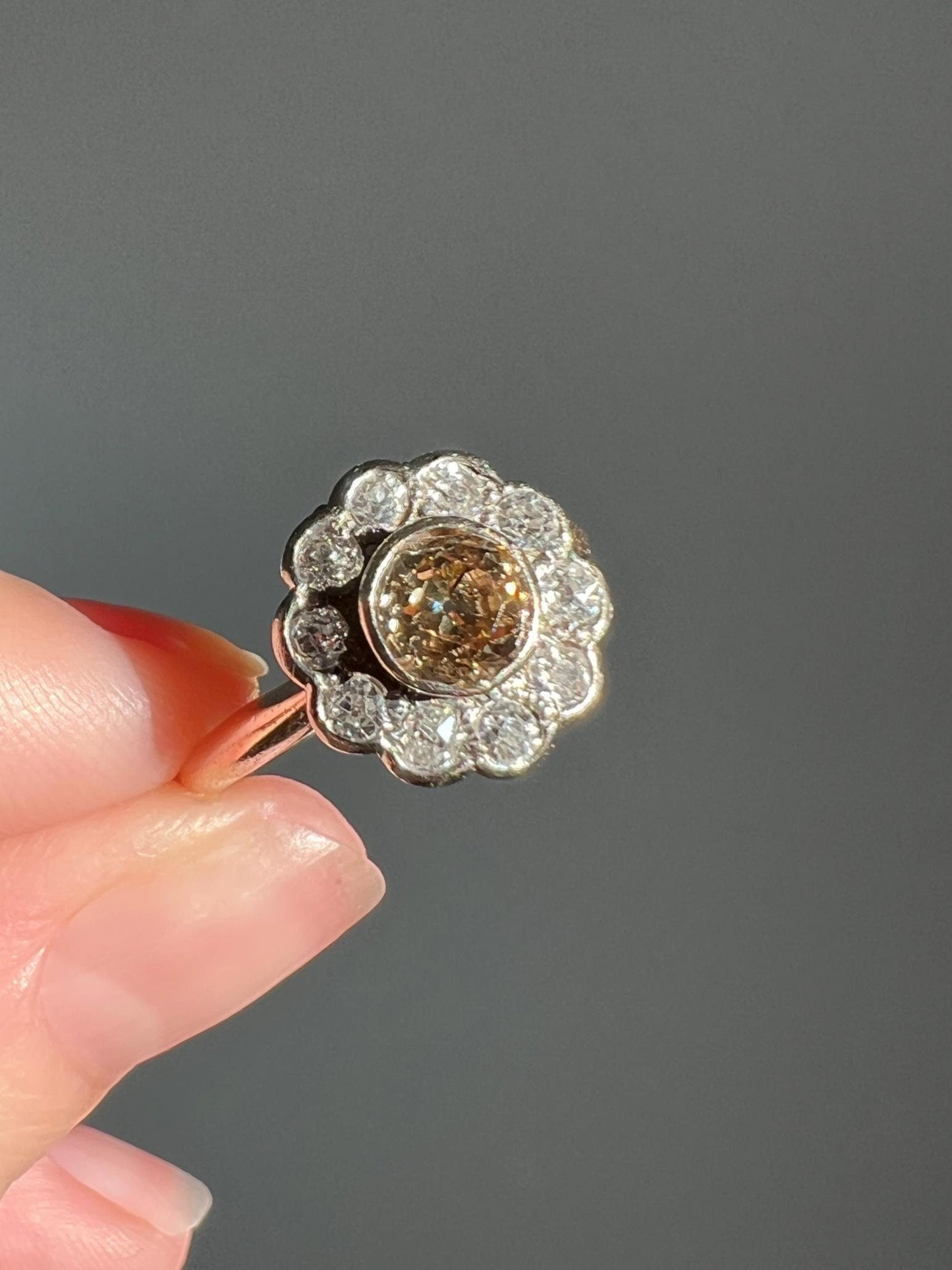 Wonderful Antique 1.1 Carat Tdw Fancy Light BROWN & White Old Mine Cut DIAMOND Halo Cluster Ring 14k Gold Champagne Daisy