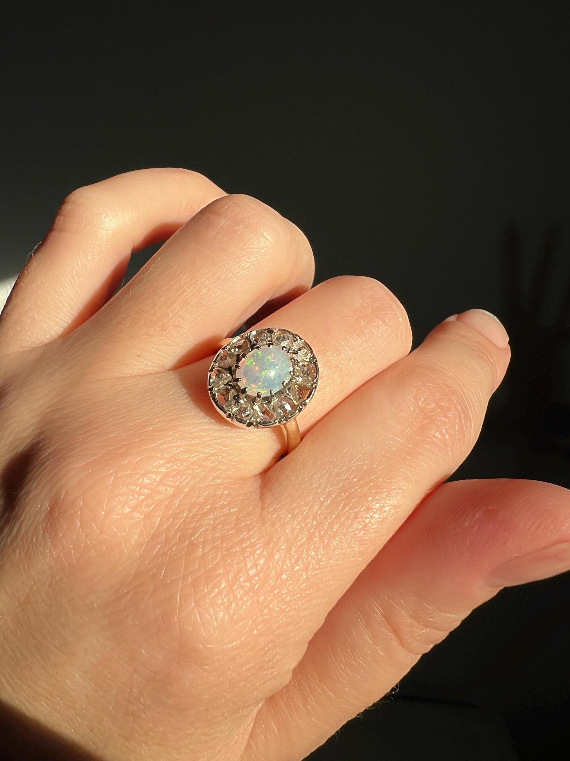 OPAL Rose Cut DIAMOND Halo Antique 18k Gold Ring Cluster Iridescent Blue Green Stacker Romantic Gift Sparkle Cocktail Victorian Edwardian