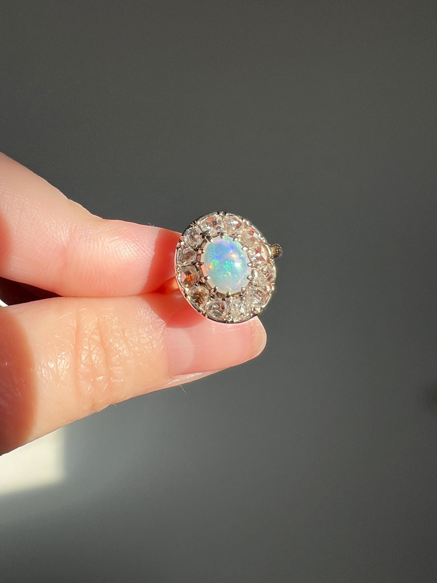 OPAL Rose Cut DIAMOND Halo Antique 18k Gold Ring Cluster Iridescent Blue Green Stacker Romantic Gift Sparkle Cocktail Victorian Edwardian