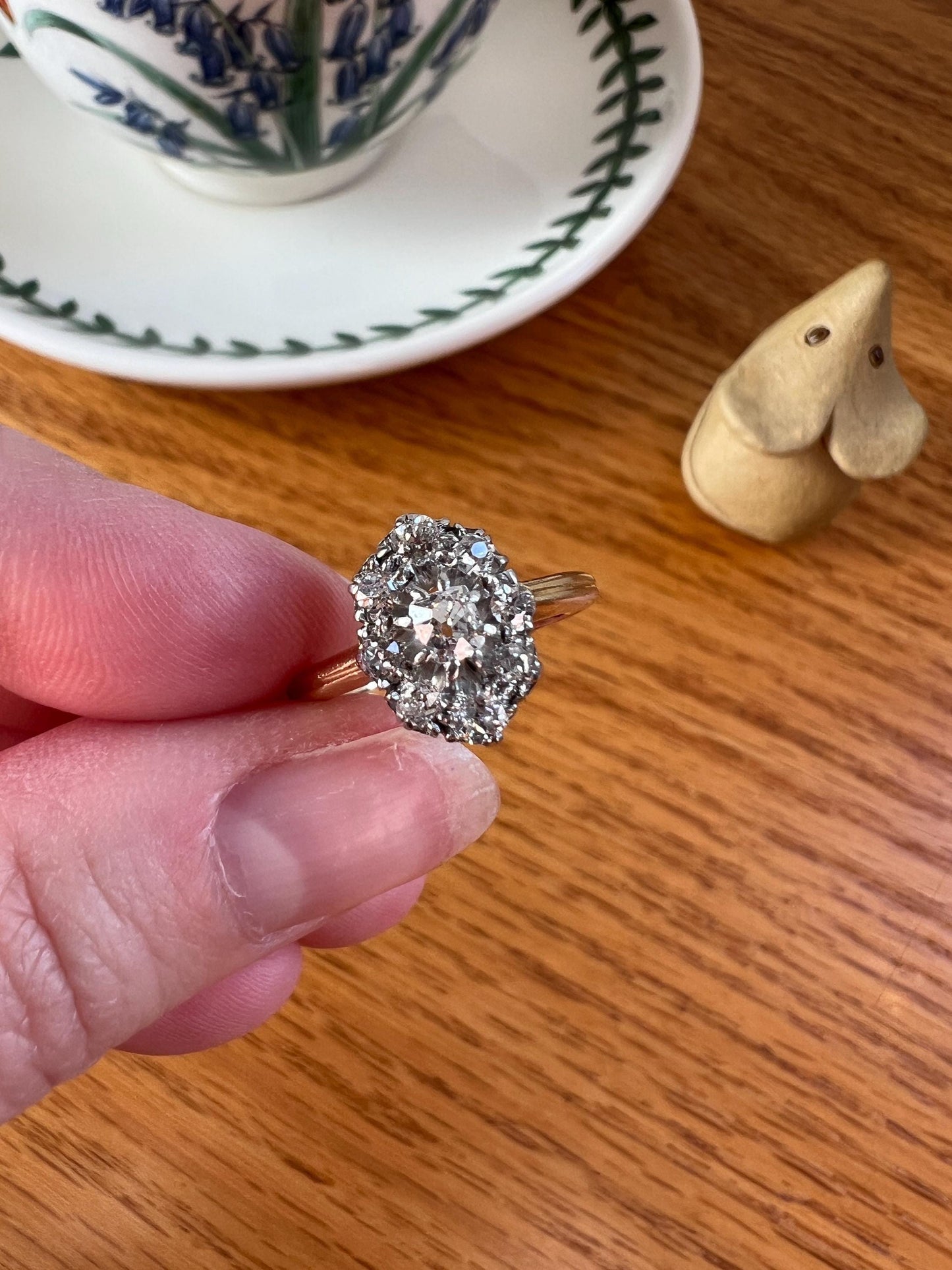 OVAL Old Mine Cut DIAMOND Cluster Ring Victorian French Antique Hallmark 18k Gold Band Platinum Stacker Romantic Gift OMC