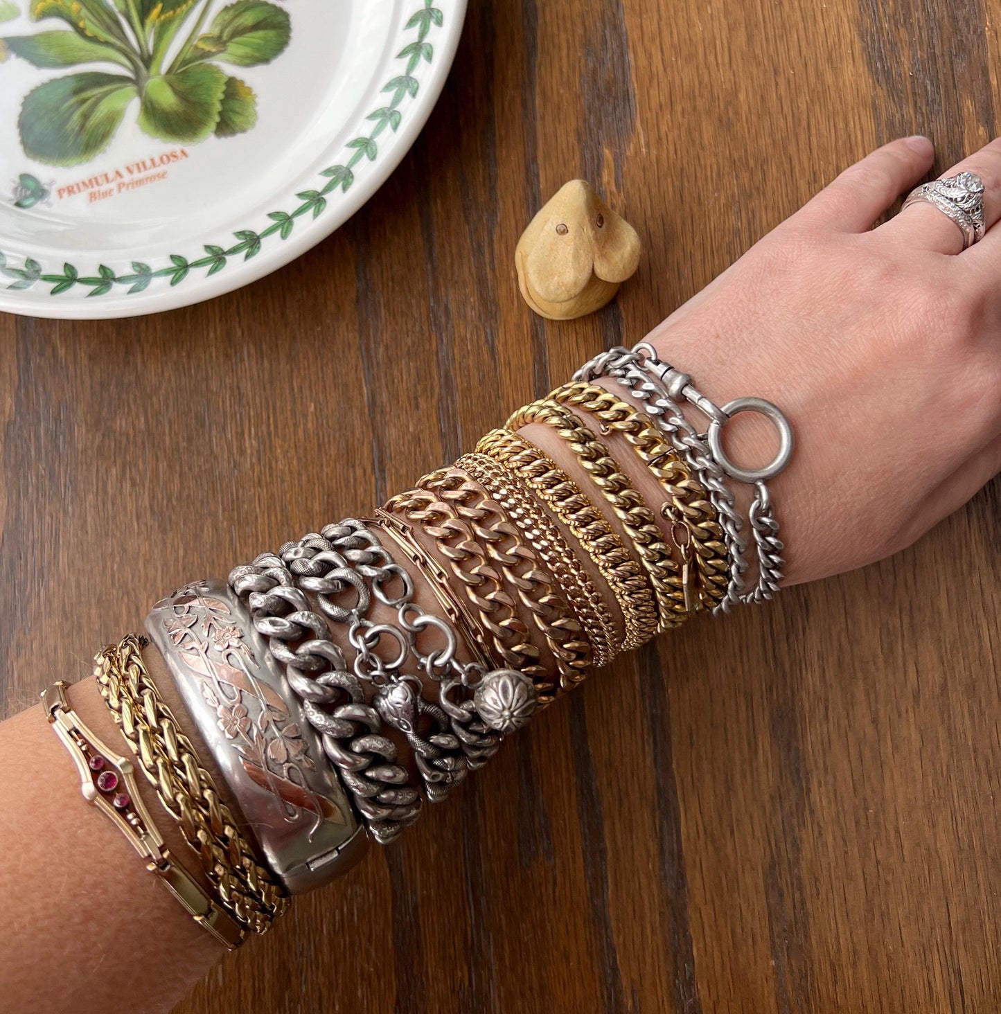 FLORAL Forget Me Not Antique Silver Plate BANGLE Bracelet Rose Gold Vermeil Chunky Cuff Wriststack Hinged Two Tone Ribbon Flowers