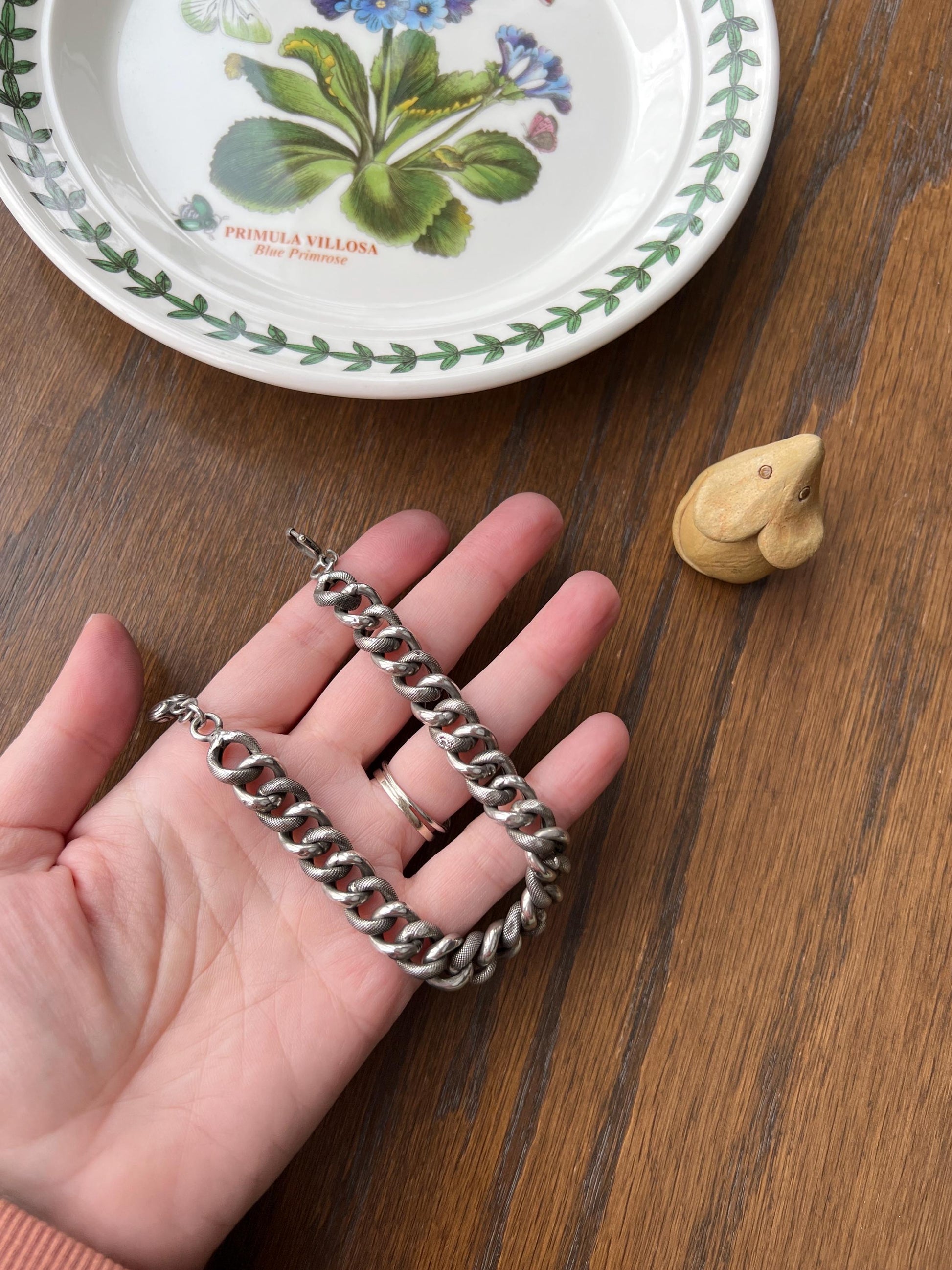 French Antique Solid SILVER Chunky Snake Skin Curb Cuban Link CHAIN Bracelet Found in France Heart Charm Ornament Wriststack