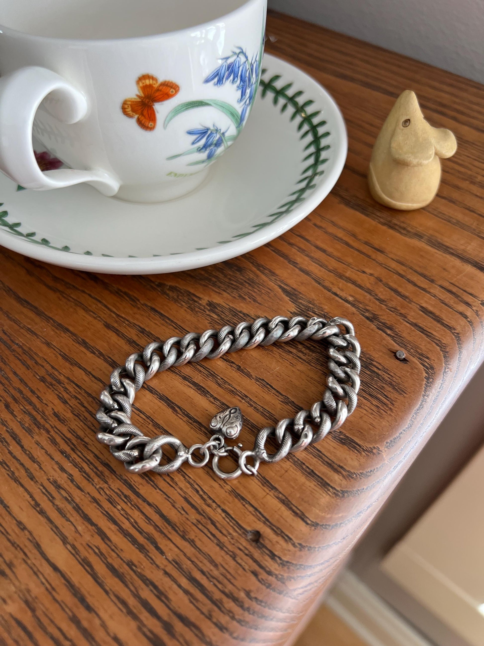 French Antique Solid SILVER Chunky Snake Skin Curb Cuban Link CHAIN Bracelet Found in France Heart Charm Ornament Wriststack