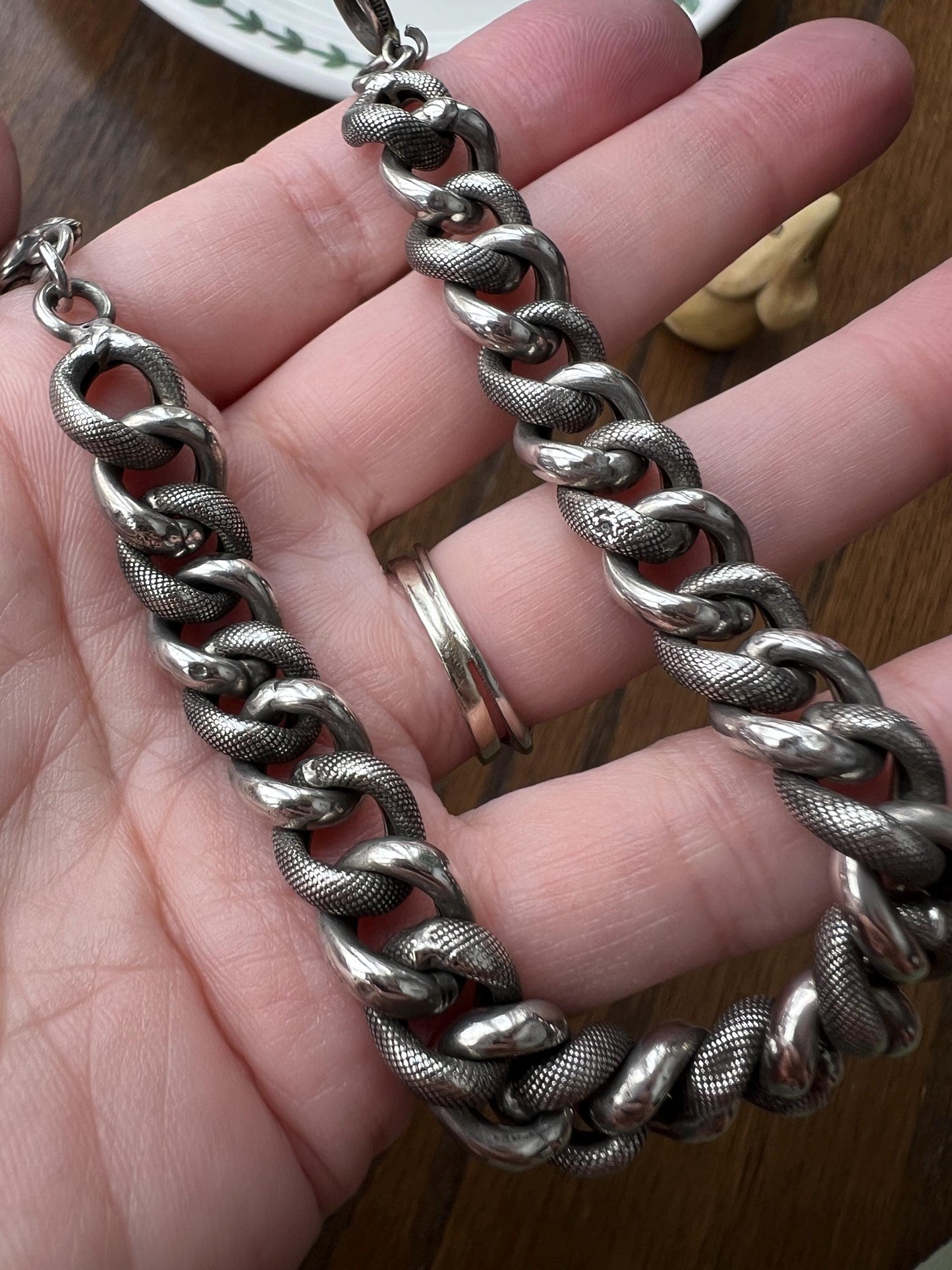 French Antique Solid SILVER Chunky Snake Skin Curb Cuban Link CHAIN Bracelet Found in France Heart Charm Ornament Wriststack