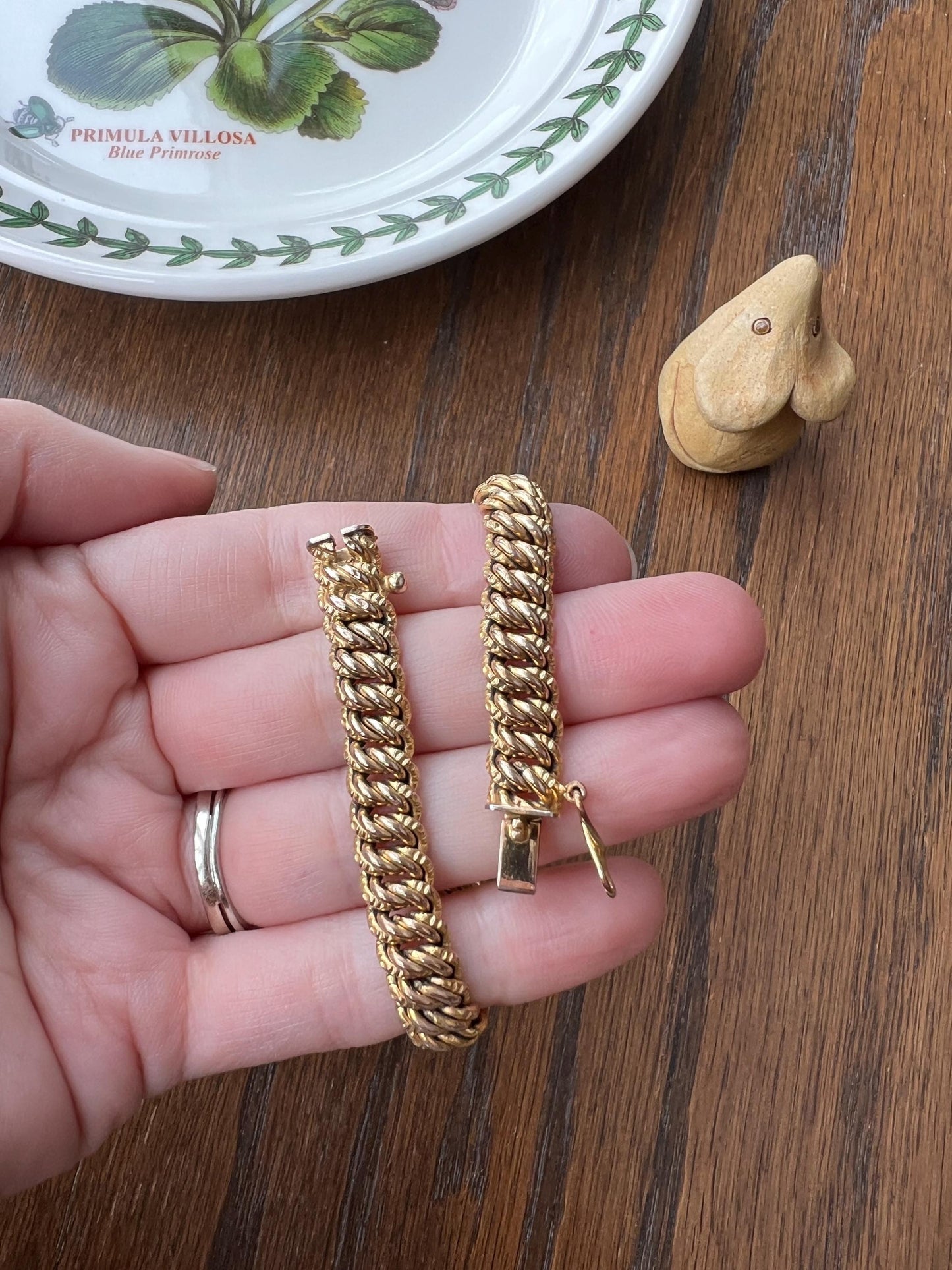 Charles MURAT French Antique Rose Gold Fill Chunky Double Braid Ornate Engraved Link CHAIN Wide BRACELET France Flat Link Rosy Wriststack