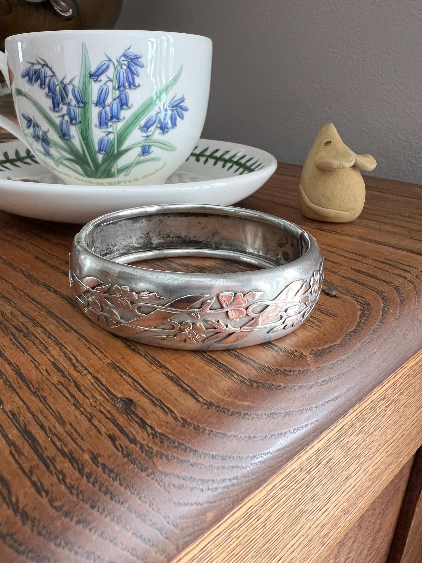 FLORAL Forget Me Not Antique Silver Plate BANGLE Bracelet Rose Gold Vermeil Chunky Cuff Wriststack Hinged Two Tone Ribbon Flowers