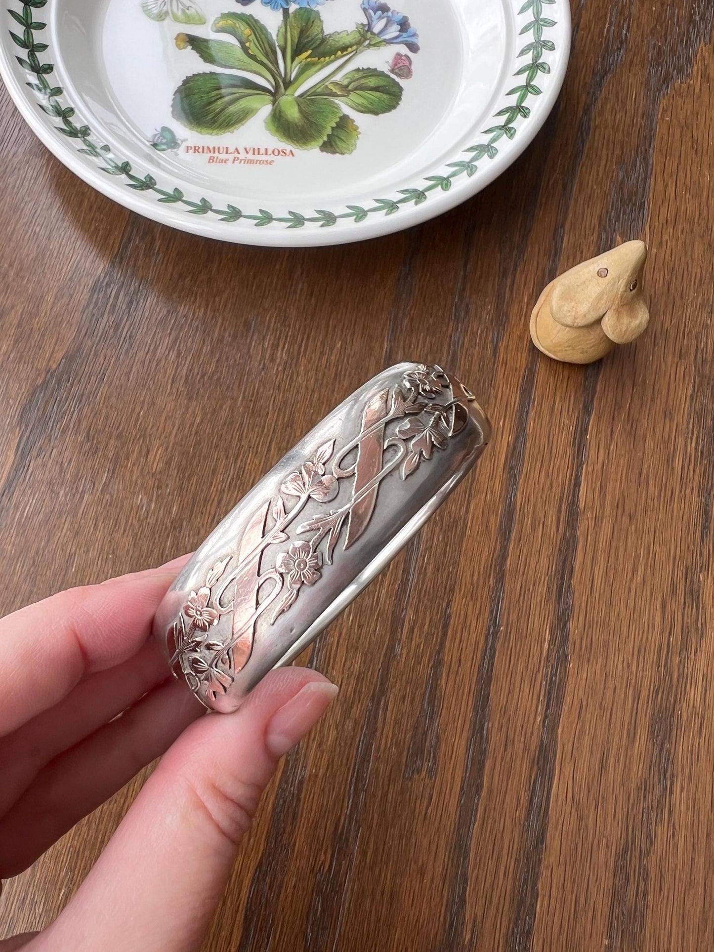 FLORAL Forget Me Not Antique Silver Plate BANGLE Bracelet Rose Gold Vermeil Chunky Cuff Wriststack Hinged Two Tone Ribbon Flowers