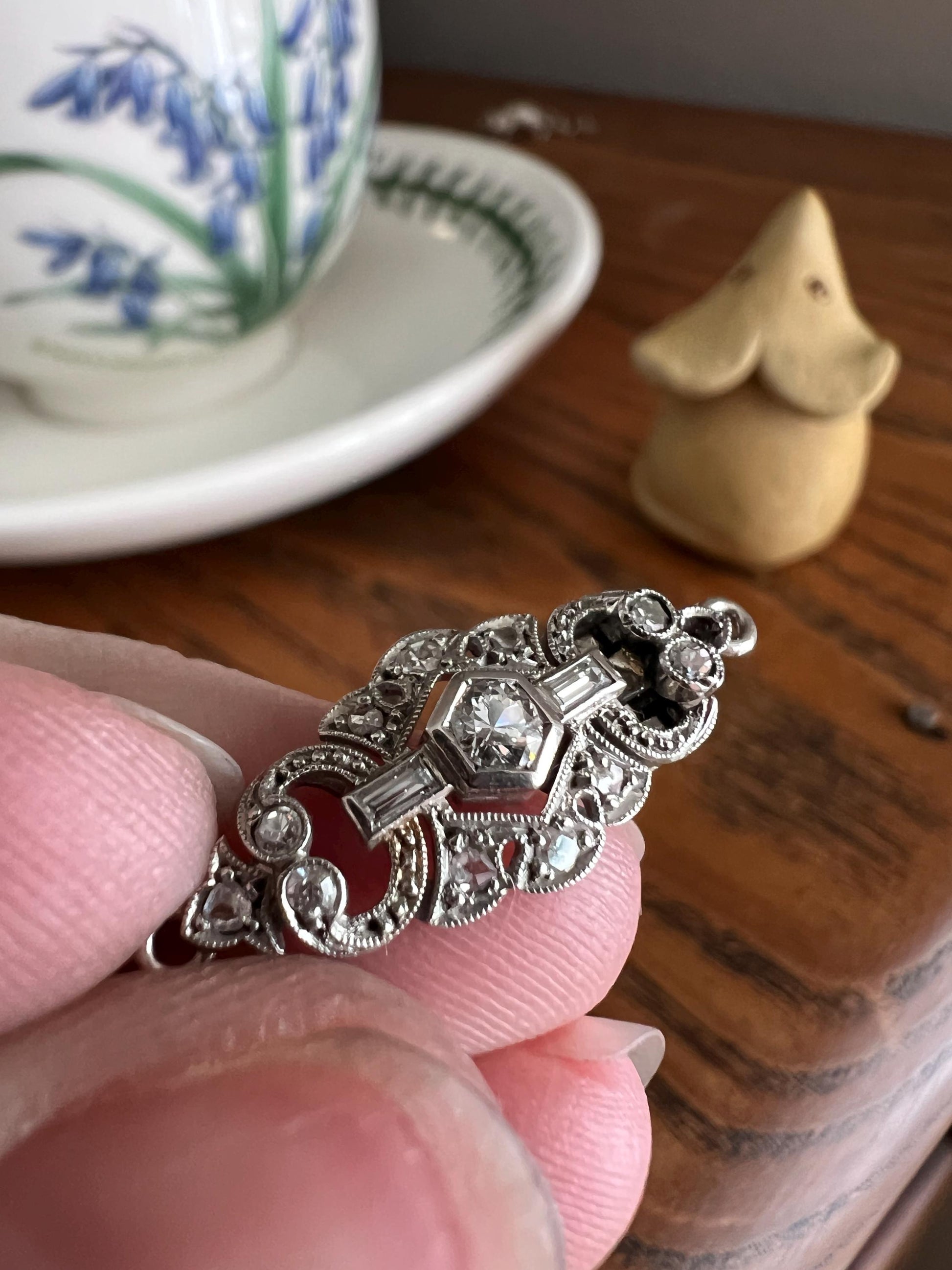 Antique CLASP Pendant Ornate Scroll Old Single Cut Rose Baguette Cut DIAMOND 18k White Gold Marquise Art Deco Bridal Something Old Neckmess