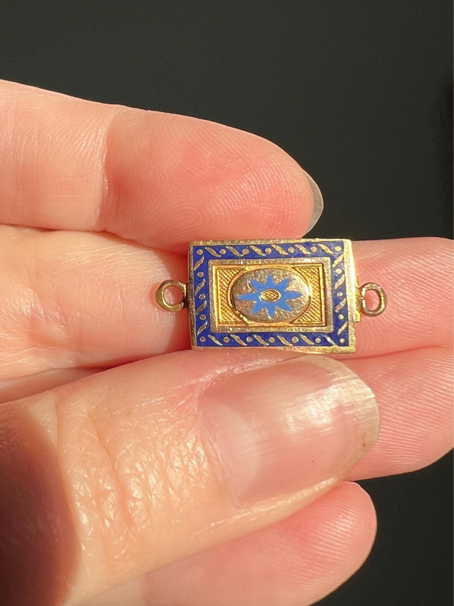 FLORAL Basket Reversible Blue STAR Antique VICTORIAN Clasp Pendant Panel 18k Gold Solid Enamel Necklace Bracelet Extender Parts Findings