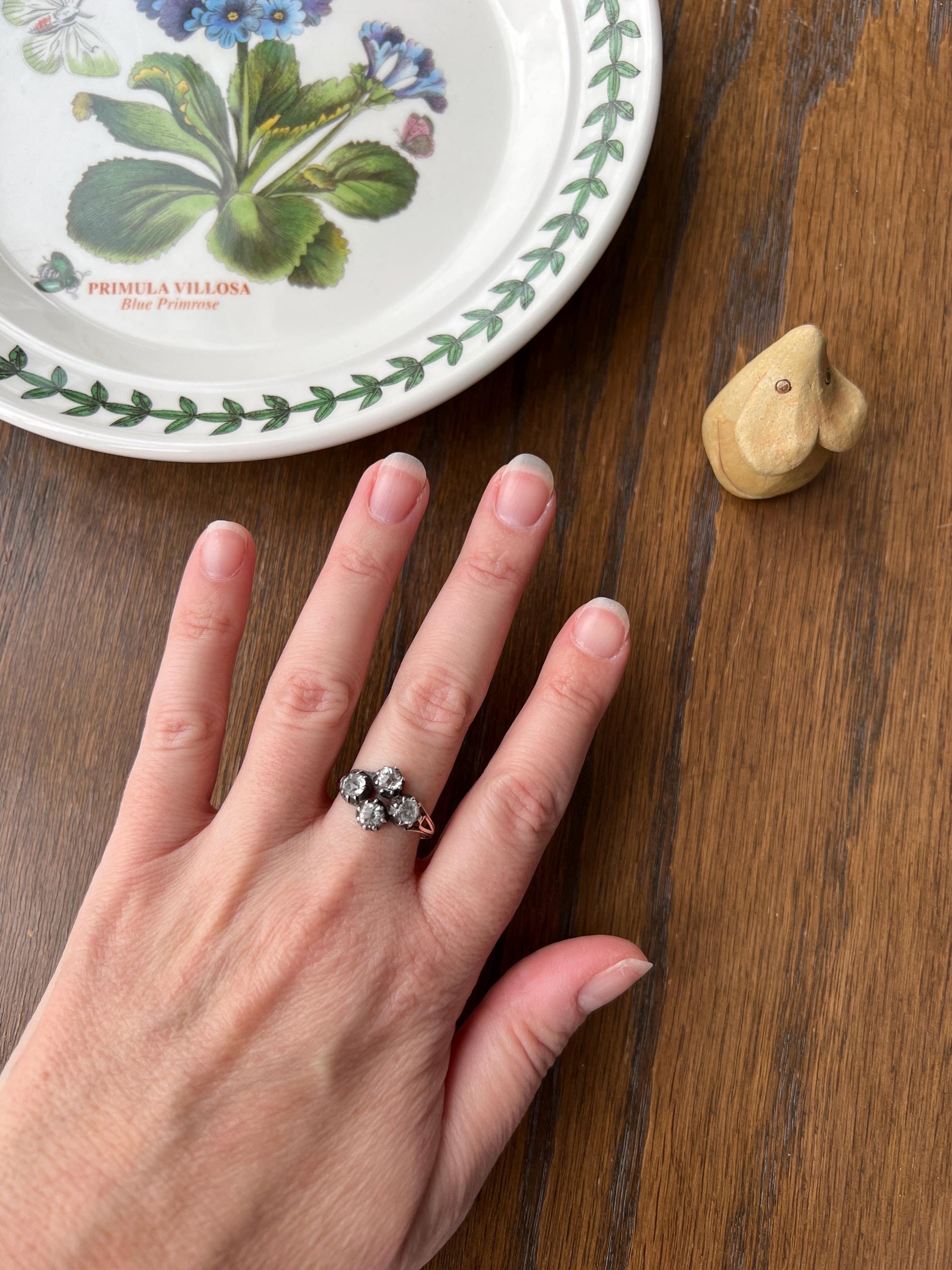 CRUCIFORM Rose Cut White TOPAZ Quartz Rock Crystal Four Stone Ring Stackable Band French Georgian Victorian Antique 18k Gold Silver Collet