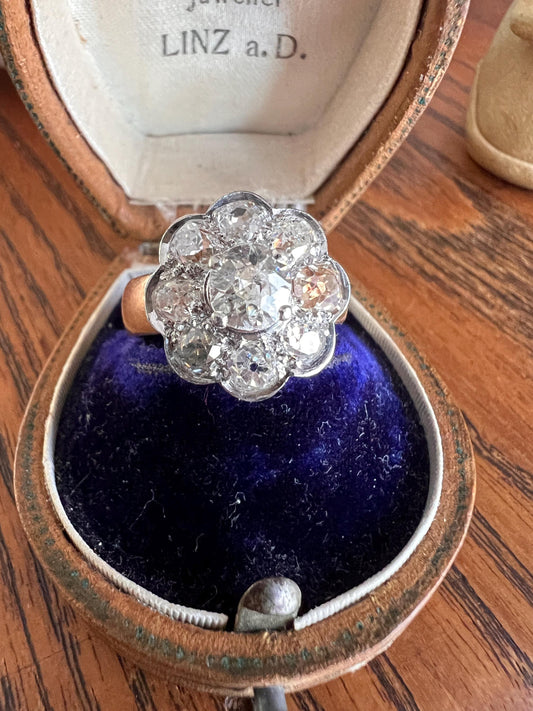 Large ANTIQUE 2.6 Carat Nine Stone Old Mine Cut Halo DiAMOND Ring 18k Gold PLATiNUM Wide Band Daisy Cluster Stacker Romantic Gift Floral OMC