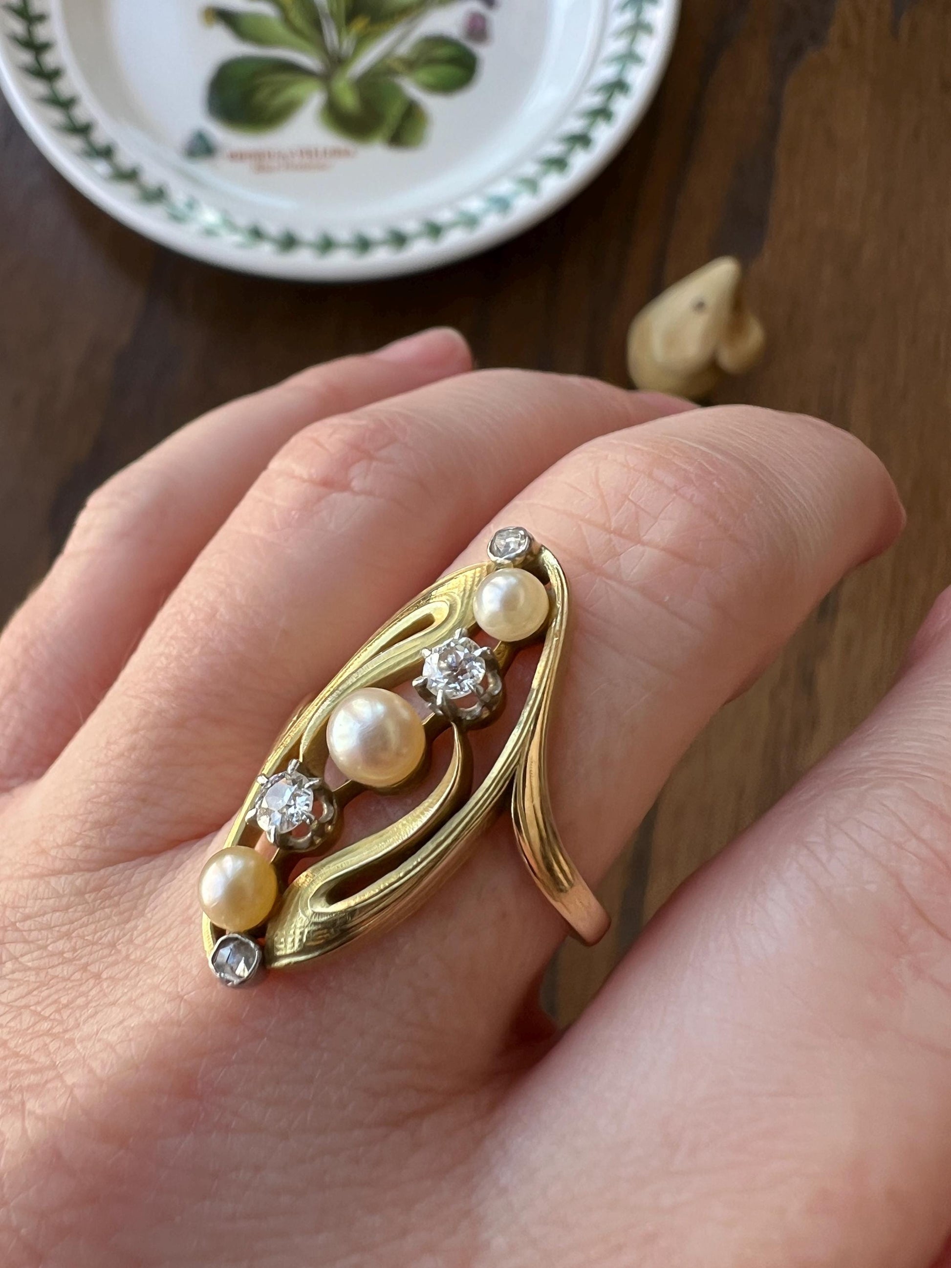 Delicious French Art NOUVEAU Antique Belle Epoque Rose Old Mine Cut DIAMOND Pearl SWIRL Whiplash 18k Gold Ring Large 1" Face Love Gift OmC