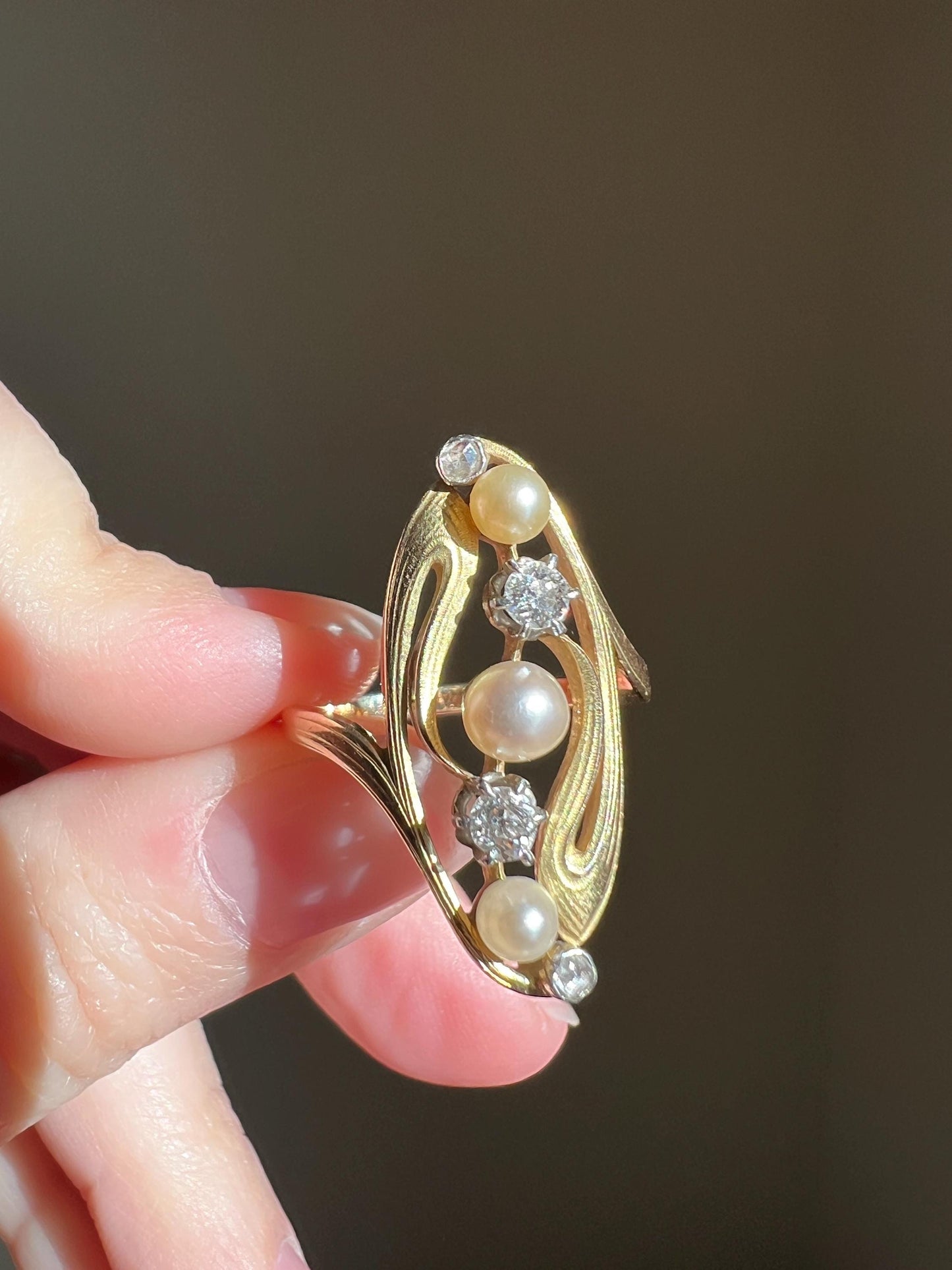 Delicious French Art NOUVEAU Antique Belle Epoque Rose Old Mine Cut DIAMOND Pearl SWIRL Whiplash 18k Gold Ring Large 1" Face Love Gift OmC