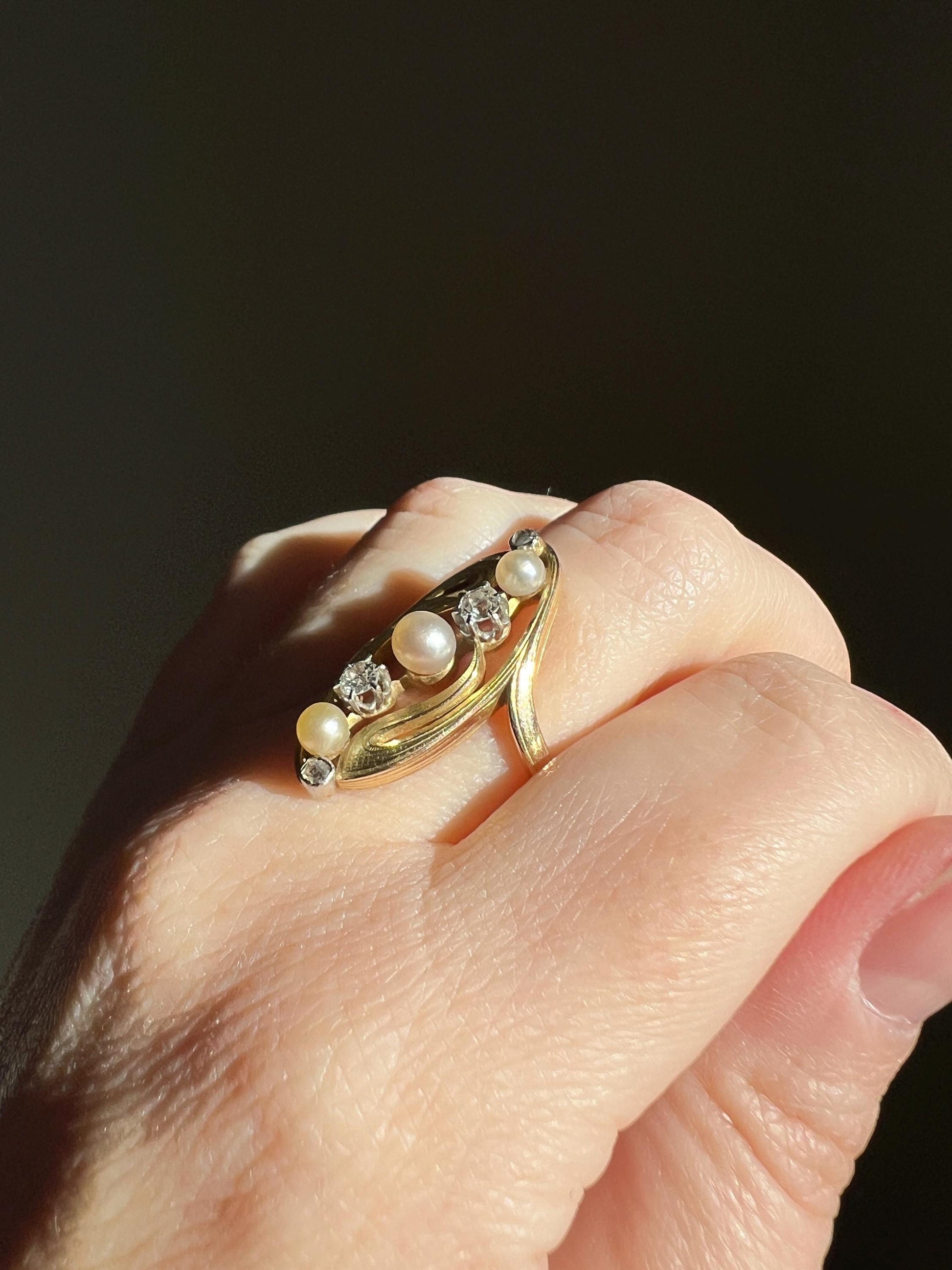 Delicious French Art NOUVEAU Antique Belle Epoque Rose Old Mine Cut DIAMOND Pearl SWIRL Whiplash 18k Gold Ring Large 1" Face Love Gift OmC