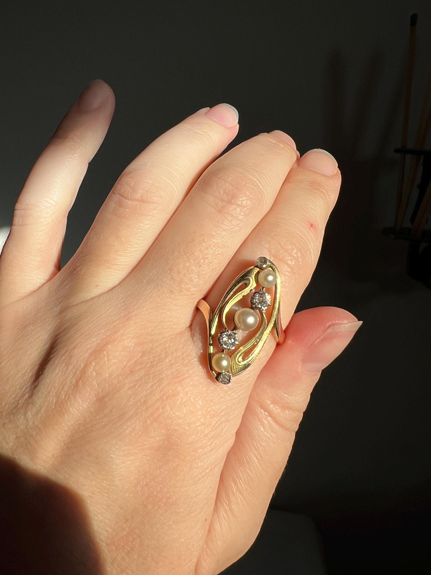 Delicious French Art NOUVEAU Antique Belle Epoque Rose Old Mine Cut DIAMOND Pearl SWIRL Whiplash 18k Gold Ring Large 1" Face Love Gift OmC