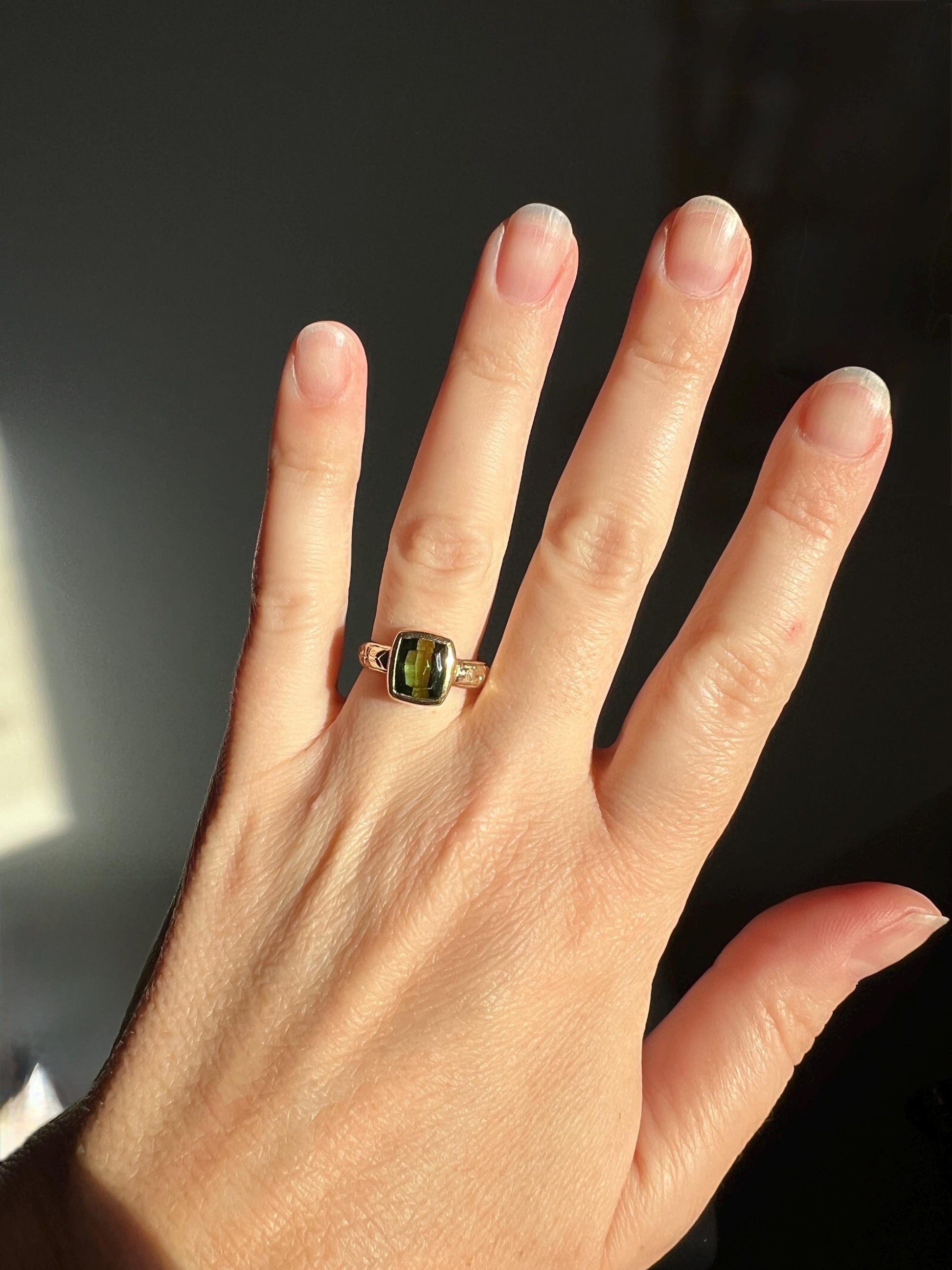 Antique Olive Green Tourmaline Bezel Set Ring 14k 18k Gold Engraved Sweet Floral Engraved Shank Eternity Wedding Band Forget Me Not Stacker