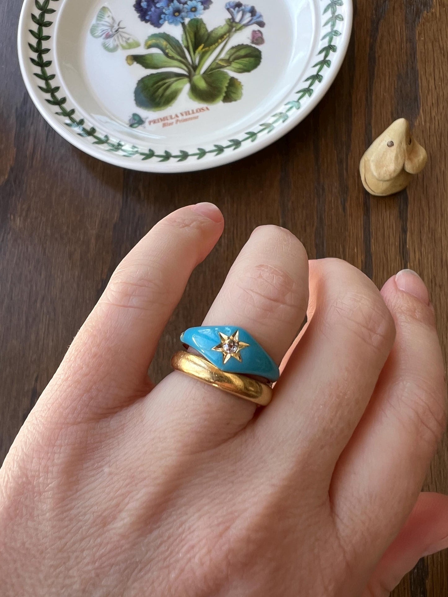 Antique STAR Old Mine Cut DIAMOND Robin Egg Blue Enamel Ring French Antique 18k Gold Victorian Stacker Band Domed Figural Romantic Gift OmC