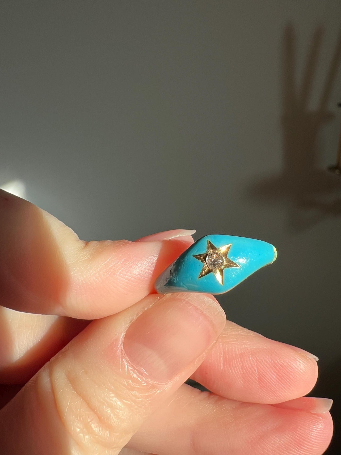 Antique STAR Old Mine Cut DIAMOND Robin Egg Blue Enamel Ring French Antique 18k Gold Victorian Stacker Band Domed Figural Romantic Gift OmC