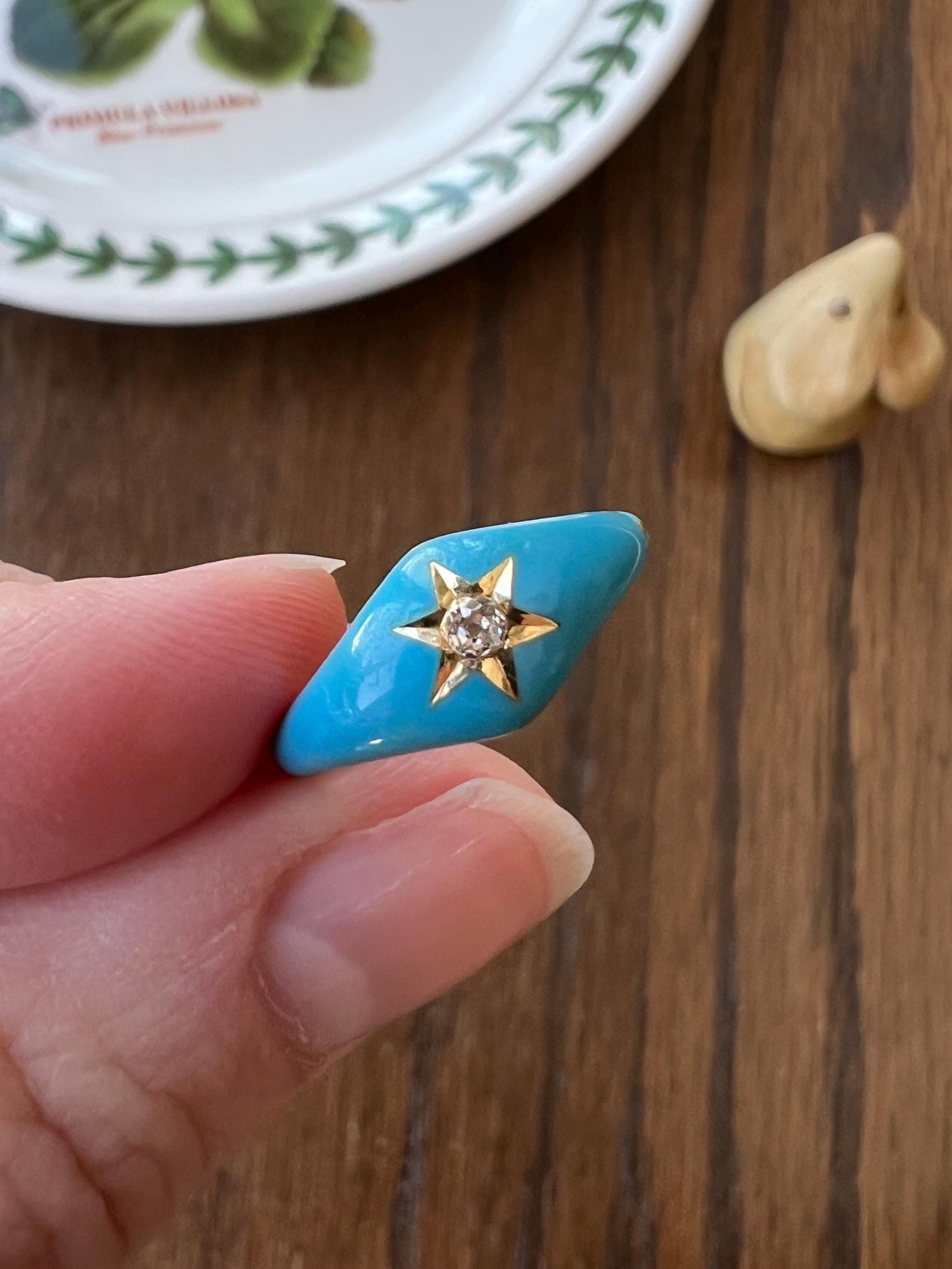 Antique STAR Old Mine Cut DIAMOND Robin Egg Blue Enamel Ring French Antique 18k Gold Victorian Stacker Band Domed Figural Romantic Gift OmC