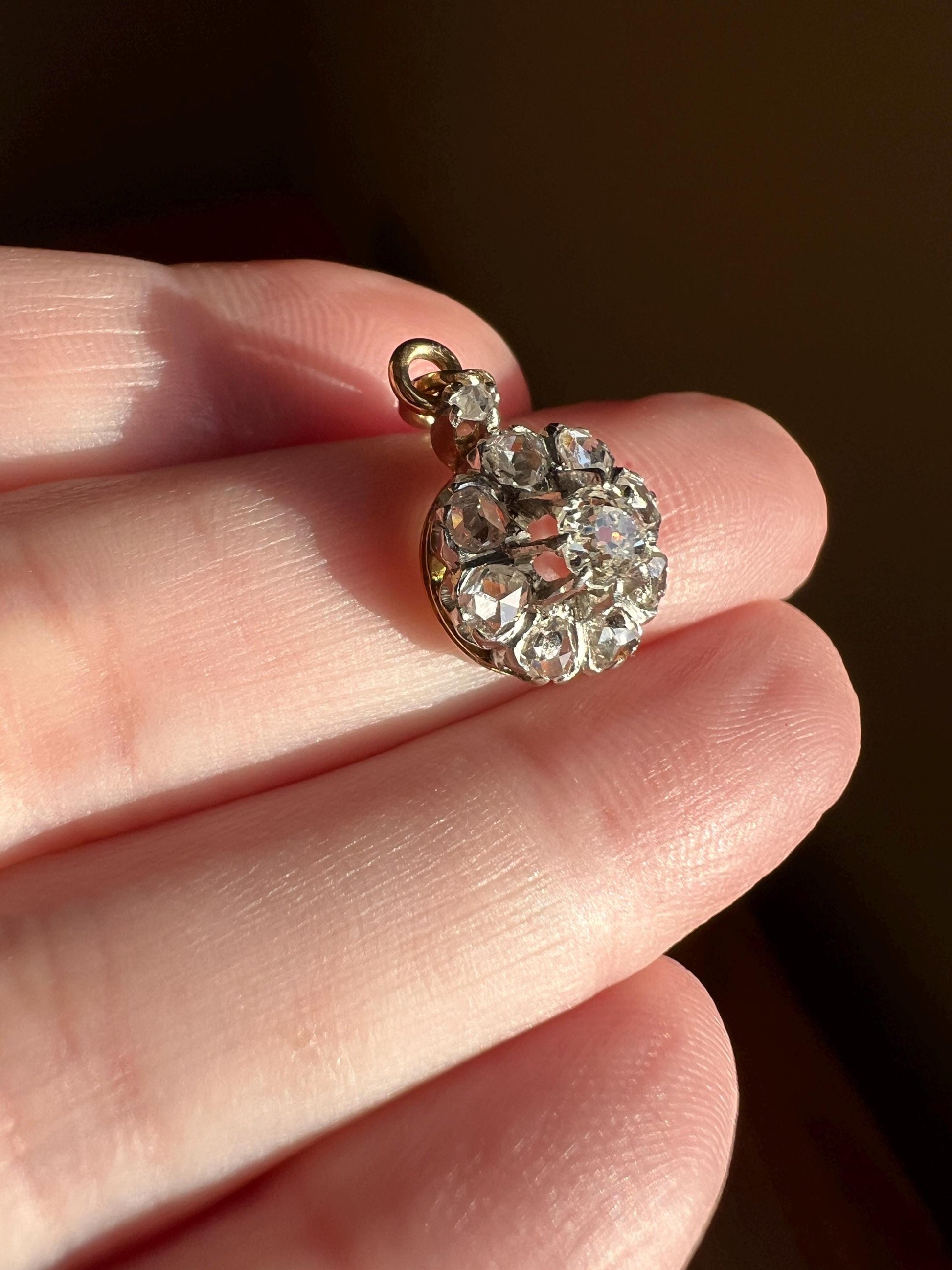 Antique 10 Rose & Old Mine Cut DIAMOND Daisy Cluster PENDANT 1 Carat French 18k Gold Halo Victorian Gift Belle Epoque Bridal Something Old