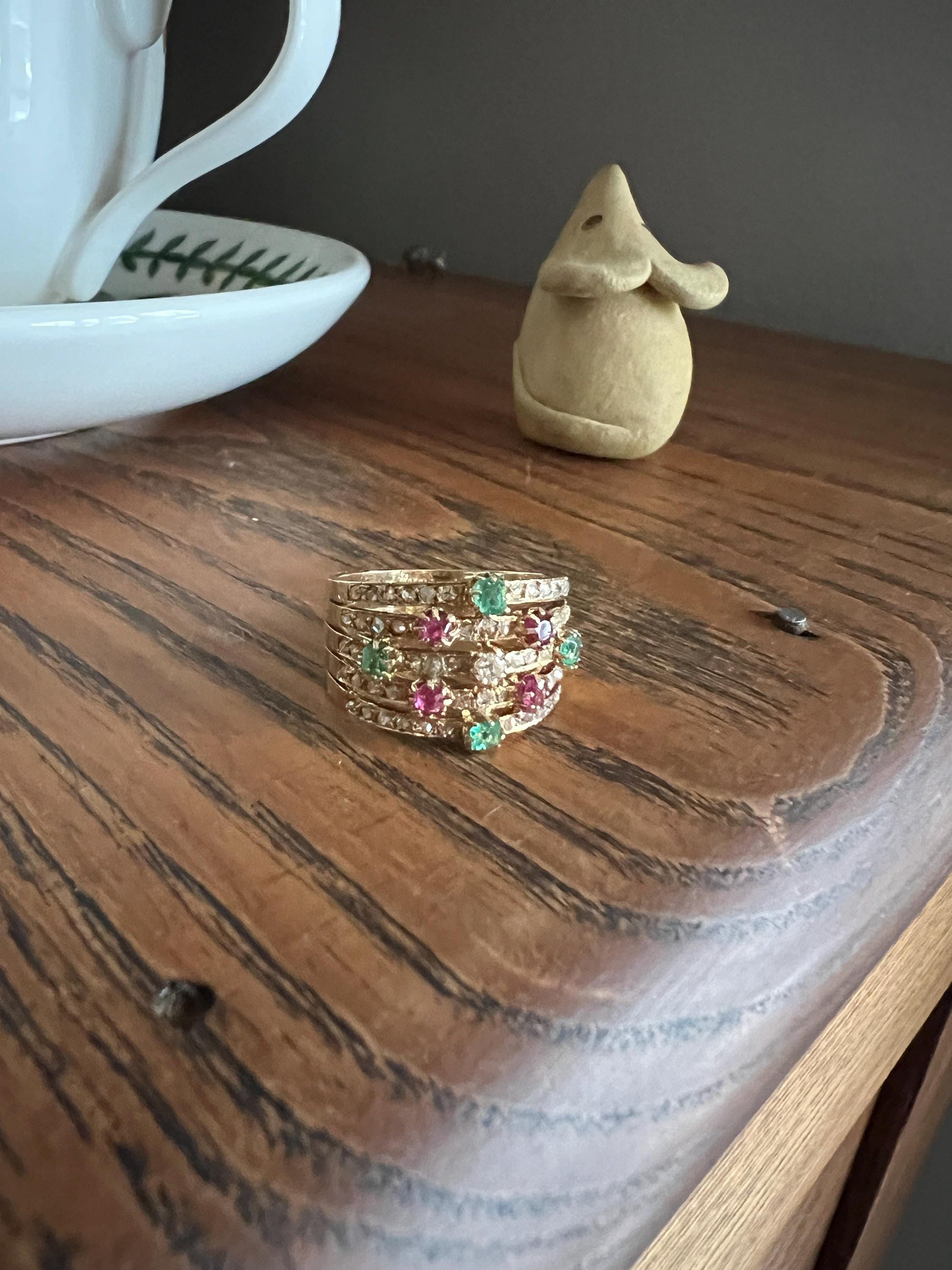 Antique Rose & Old Mine Cut Diamond Old Cut Natural RUBY Emerald Multi Band Ring Unique Harem Victorian French 18k Gold Green Pink Stacker