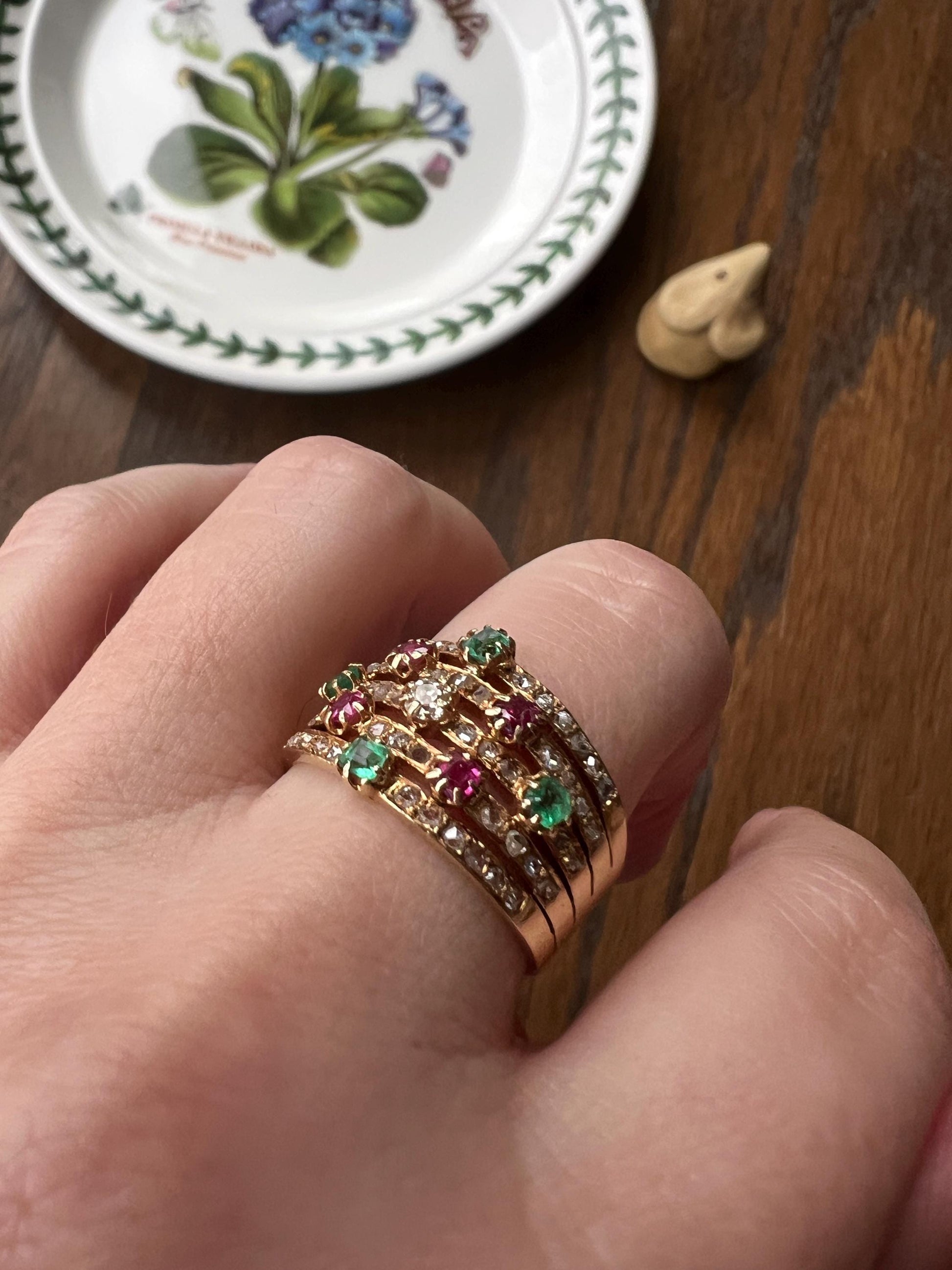 Antique Rose & Old Mine Cut Diamond Old Cut Natural RUBY Emerald Multi Band Ring Unique Harem Victorian French 18k Gold Green Pink Stacker