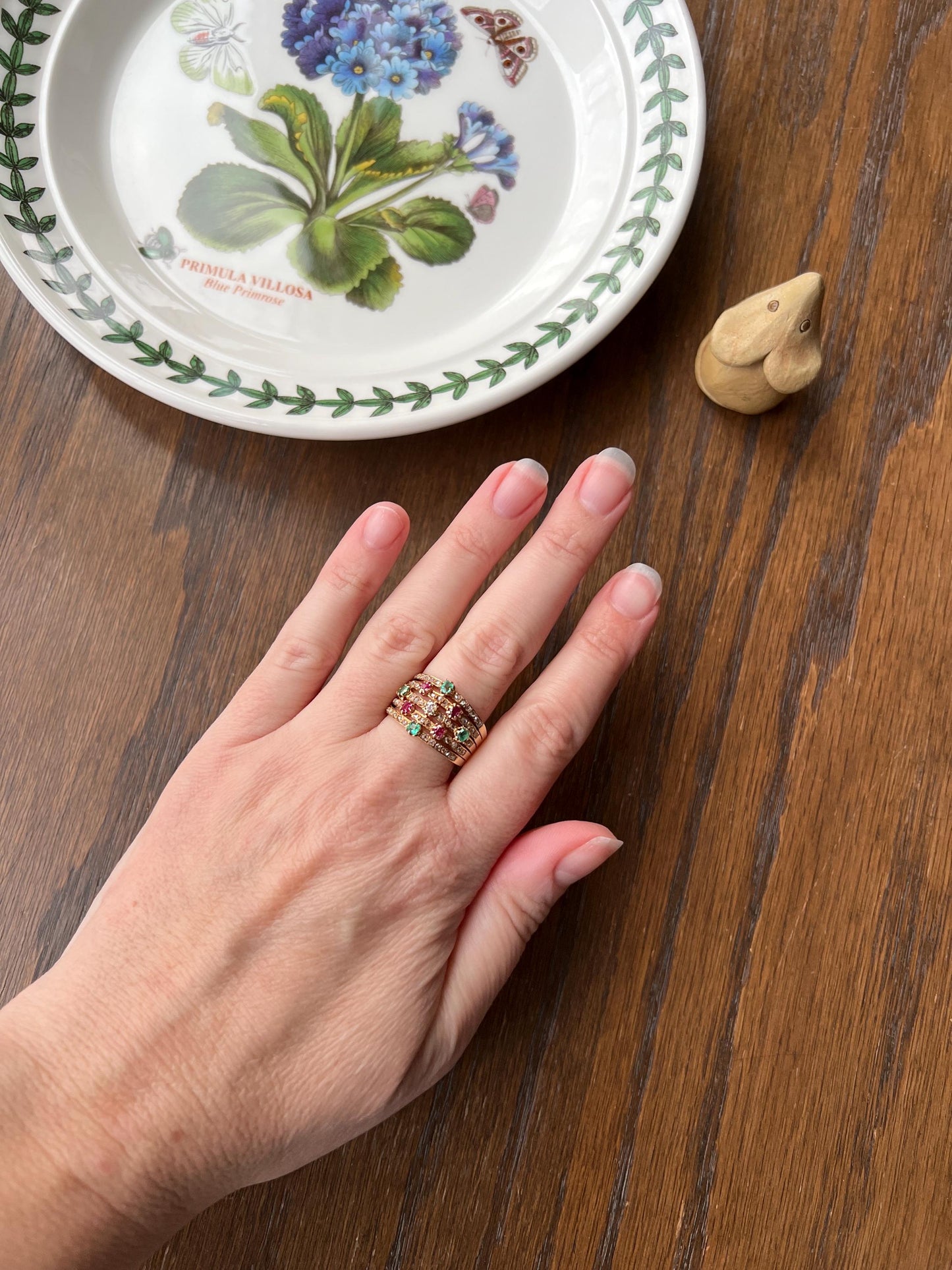 Antique Rose & Old Mine Cut Diamond Old Cut Natural RUBY Emerald Multi Band Ring Unique Harem Victorian French 18k Gold Green Pink Stacker