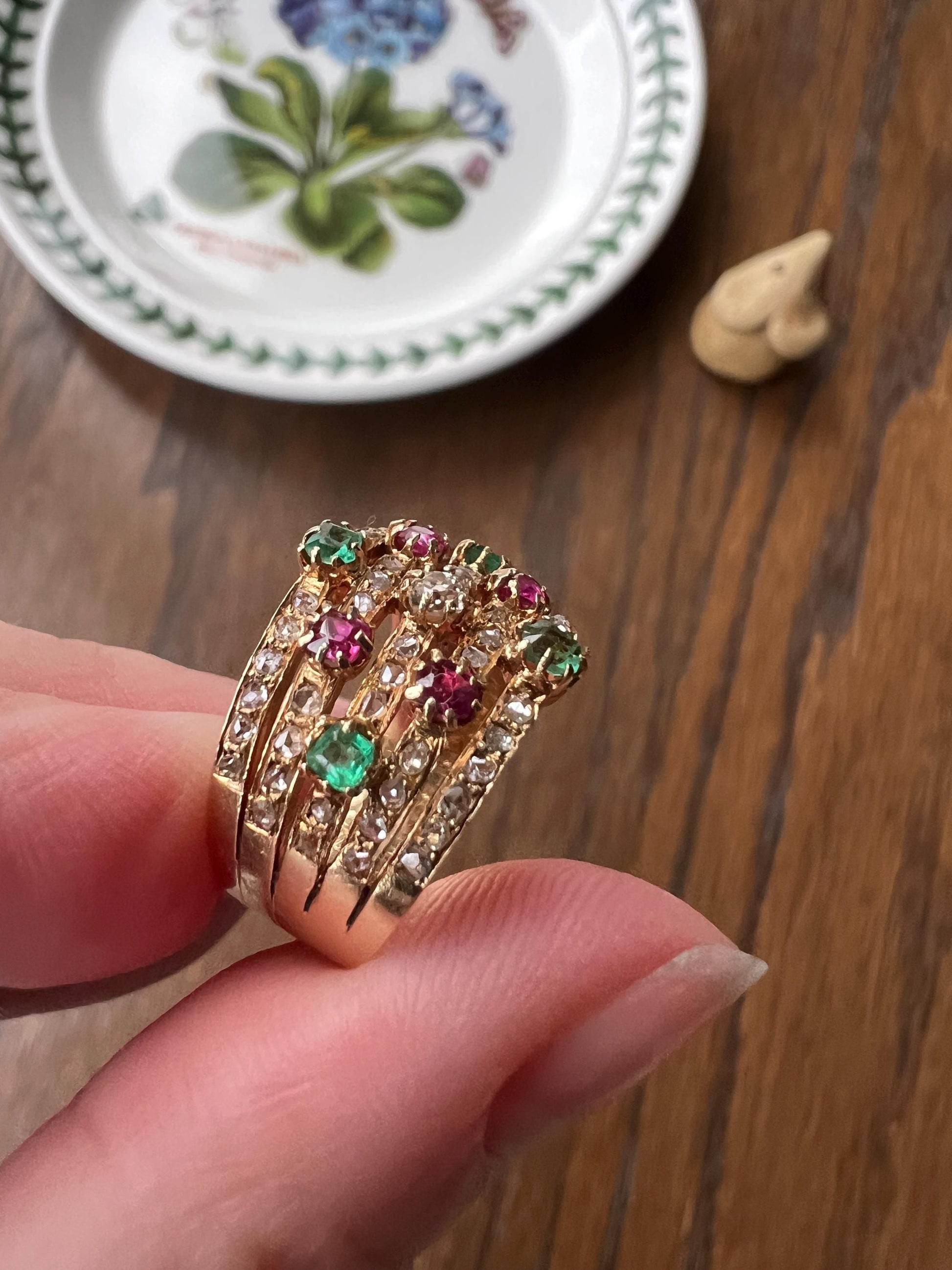 Antique Rose & Old Mine Cut Diamond Old Cut Natural RUBY Emerald Multi Band Ring Unique Harem Victorian French 18k Gold Green Pink Stacker