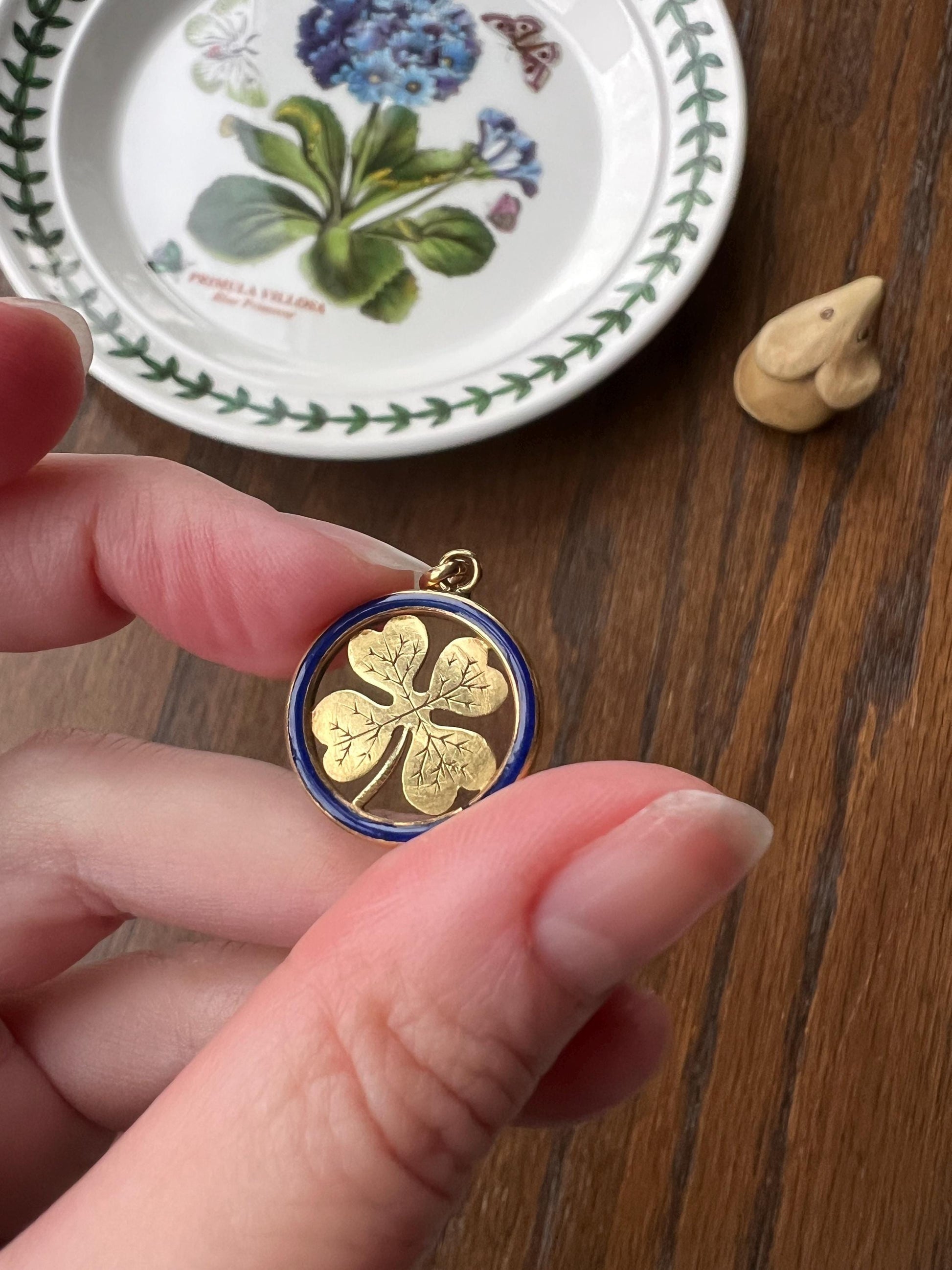 LUCKY CLOVER Blue Enamel Halo French Antique 18k Gold PENDANT Engraved Good Luck Charm Token Medal Belle Epoque Charm Figural Gift Cobalt