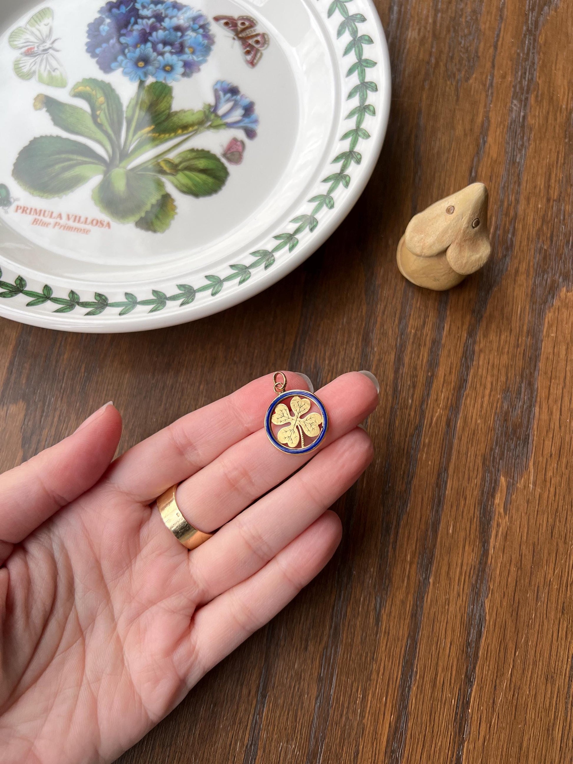 LUCKY CLOVER Blue Enamel Halo French Antique 18k Gold PENDANT Engraved Good Luck Charm Token Medal Belle Epoque Charm Figural Gift Cobalt