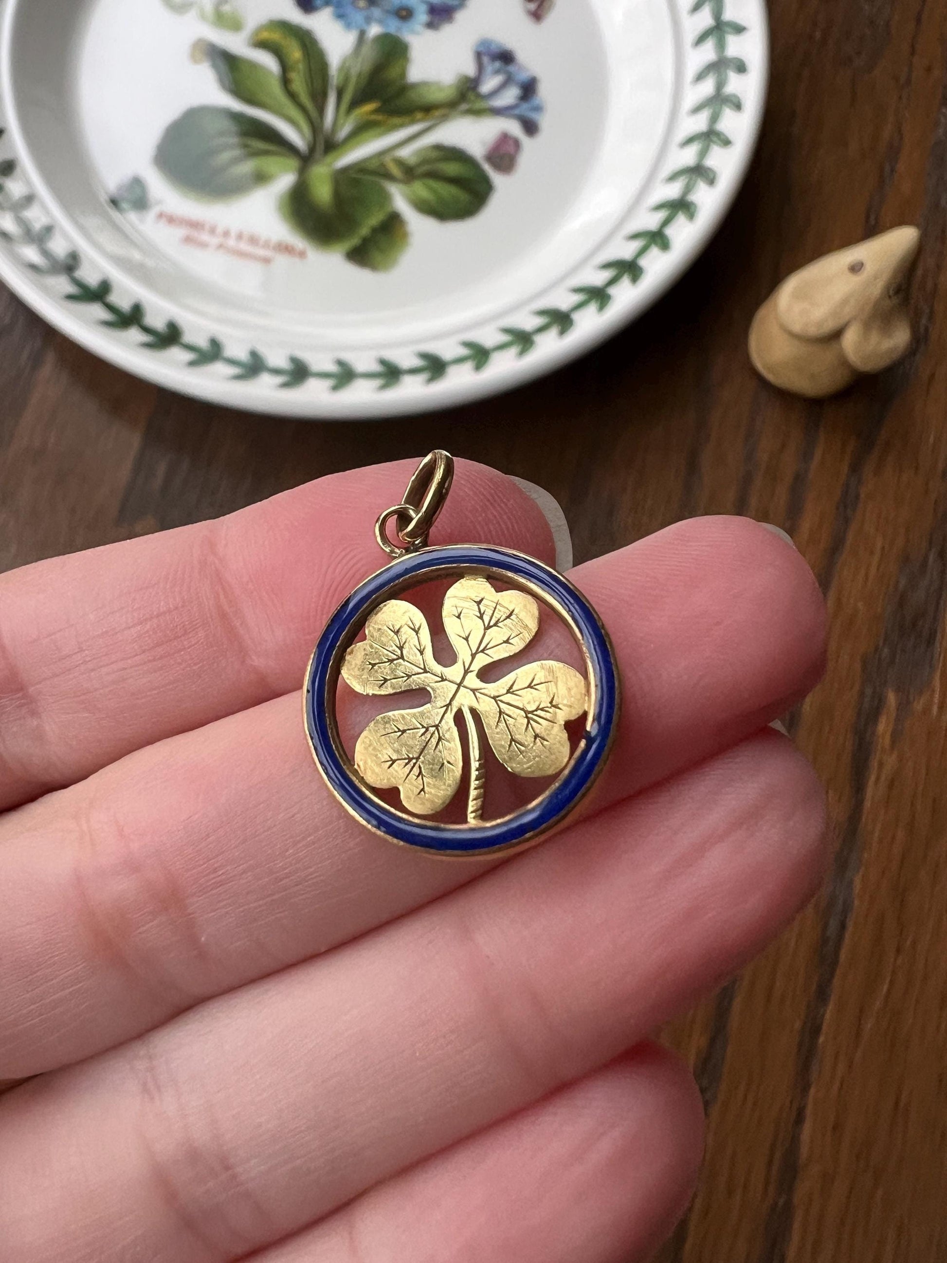 LUCKY CLOVER Blue Enamel Halo French Antique 18k Gold PENDANT Engraved Good Luck Charm Token Medal Belle Epoque Charm Figural Gift Cobalt