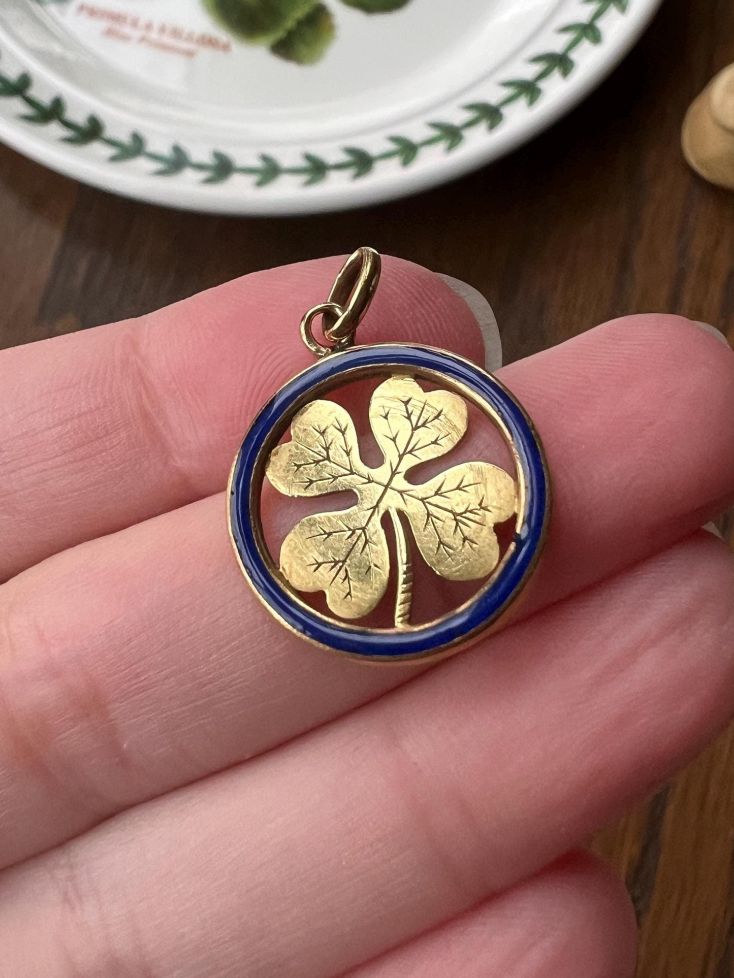 LUCKY CLOVER Blue Enamel Halo French Antique 18k Gold PENDANT Engraved Good Luck Charm Token Medal Charm