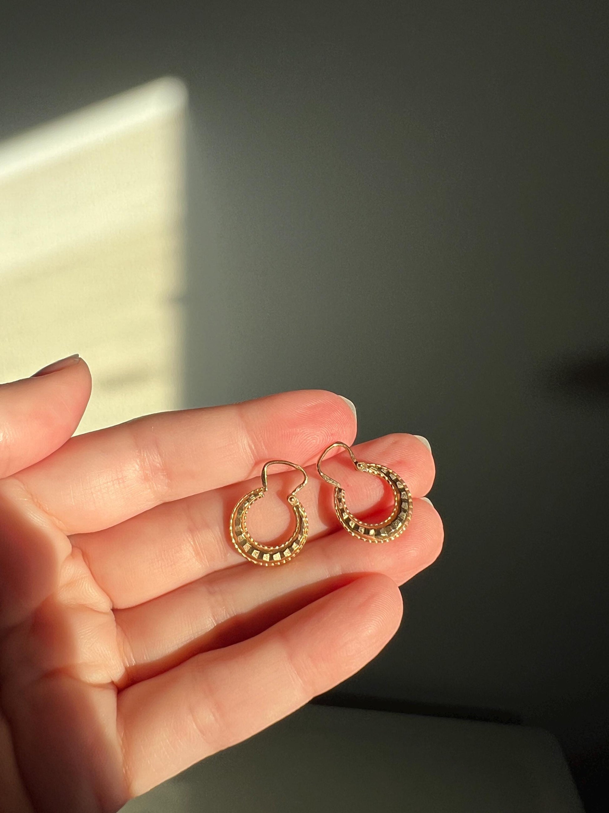 Shimmering French Vintage Beveled Faceted 18k Rose Gold CREOLE Dangle Hoop Earrings Huggies Ball Rivet Pie Crust Edge Gypsy Geometric