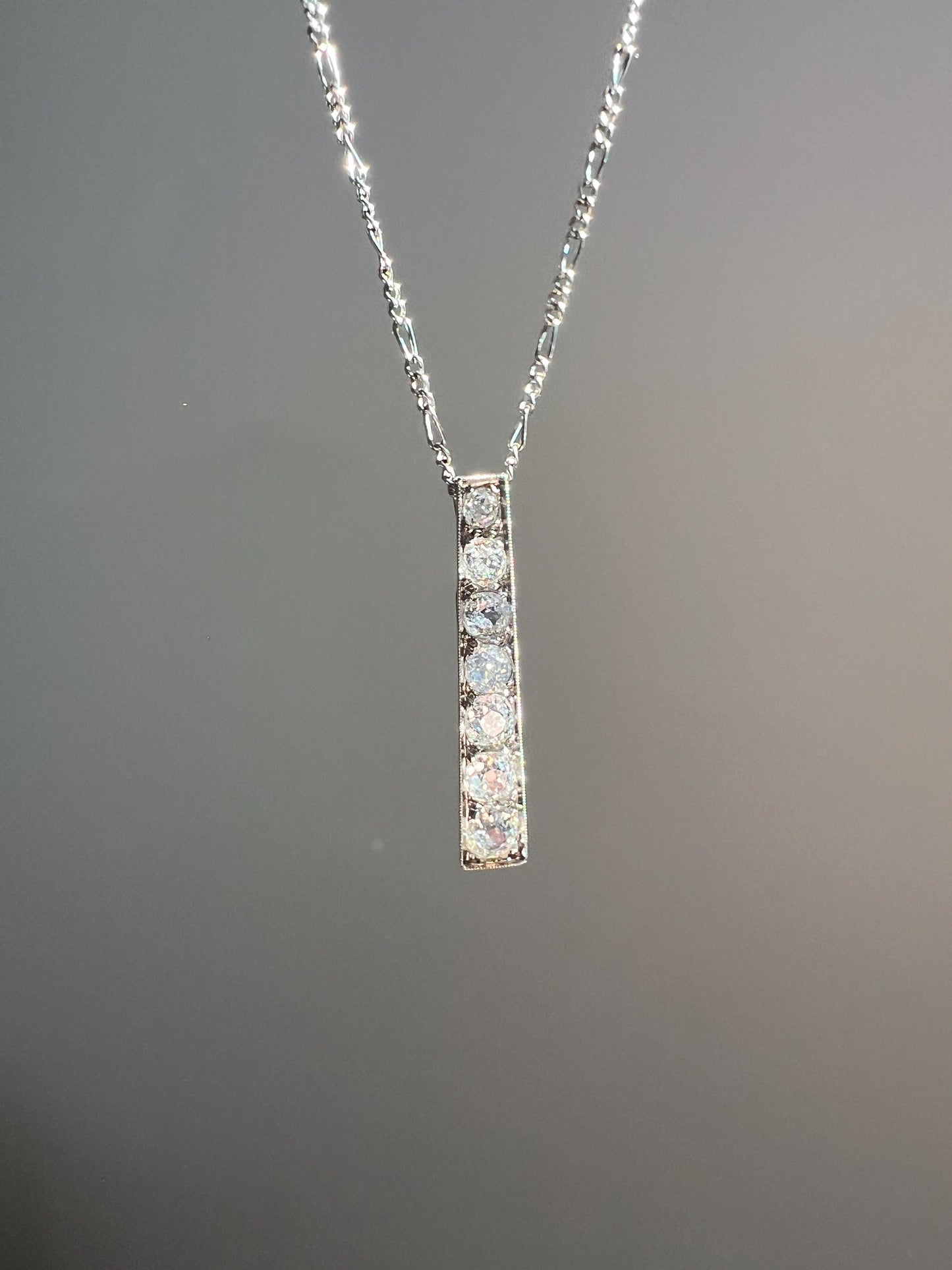 French Antique 1.4 Carat Old Mine Cut DIAMOND Line Dangle Seven Stone PENDANT Geometric 18k White Gold Chain Bridal Something Old OMC Gift