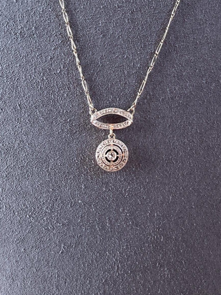 Art Deco Rose Cut DIAMOND Halo Bullseye Target French Antique 18k White Gold Dangle Pendant on Chain Necklace