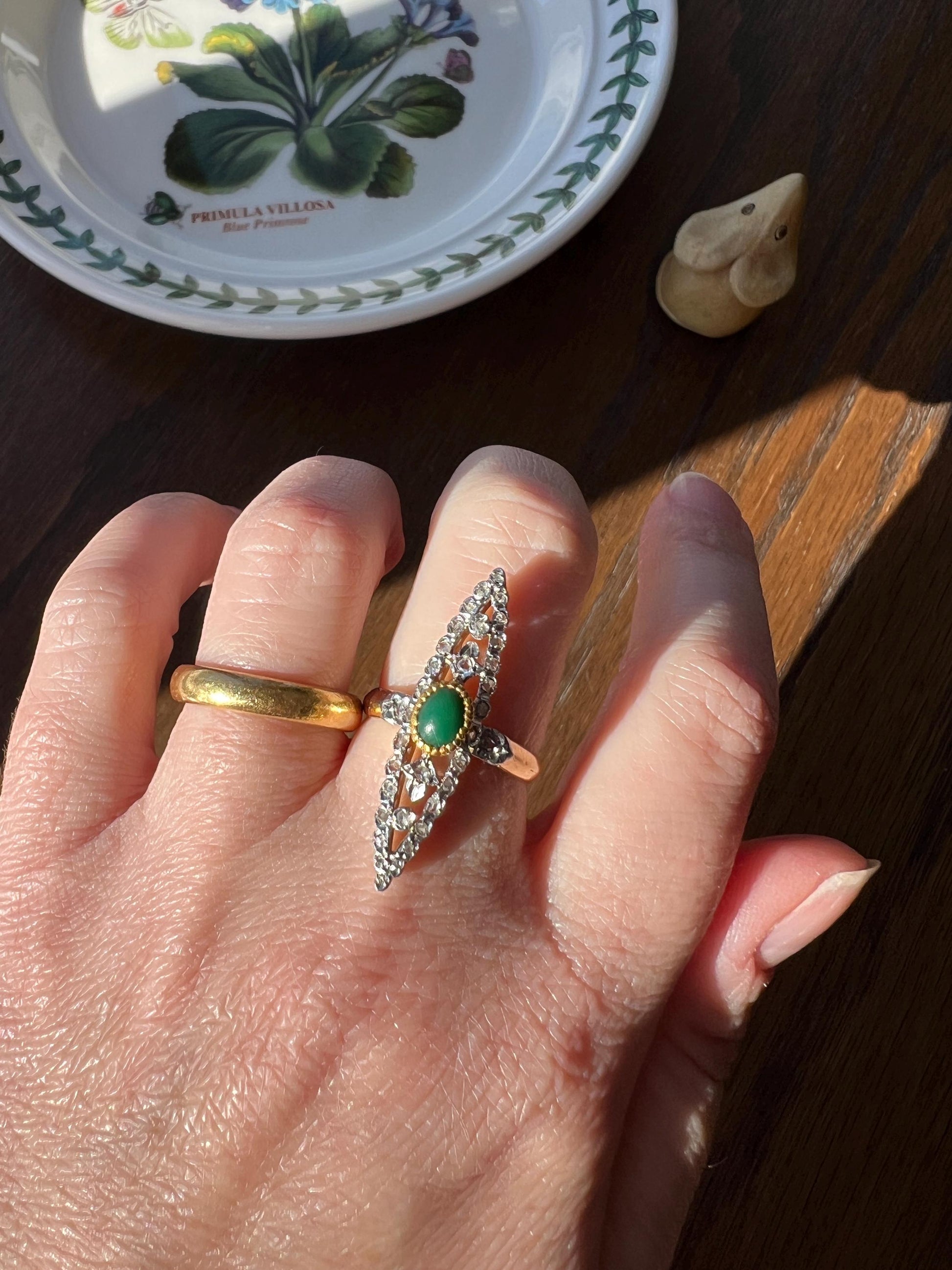 Art NOUVEAU Antique FRENCH Rose Cut Diamond Green Stone Skinny Navette Ring 14k 18k Gold Belle Epoque Romantic Gift Ornate Filigree Drama