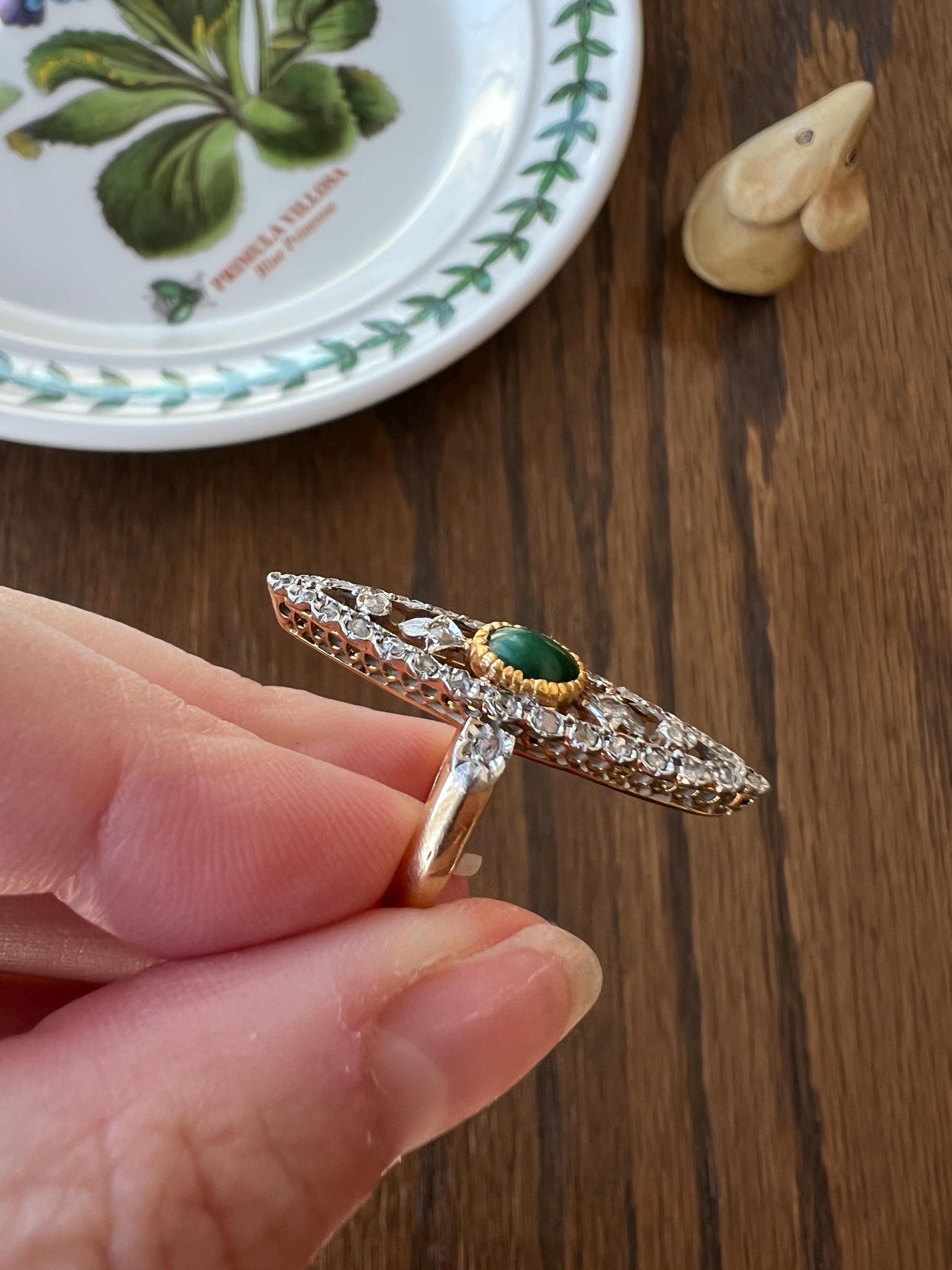 Art NOUVEAU Antique FRENCH Rose Cut Diamond Green Stone Skinny Navette Ring 14k 18k Gold Belle Epoque Romantic Gift Ornate Filigree Drama