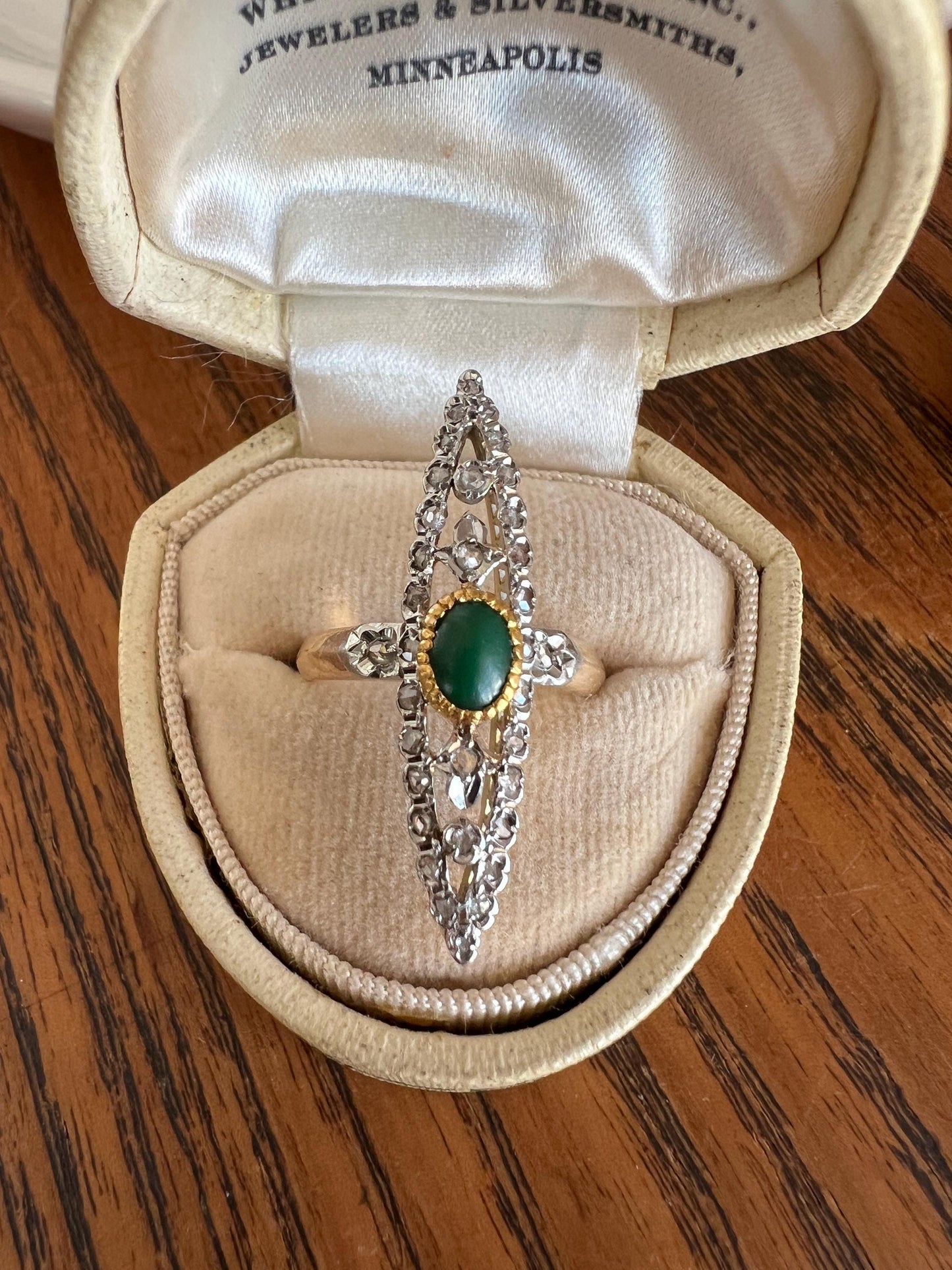 Art NOUVEAU Antique FRENCH Rose Cut Diamond Green Stone Skinny Navette Ring 14k 18k Gold Belle Epoque Romantic Gift Ornate Filigree Drama