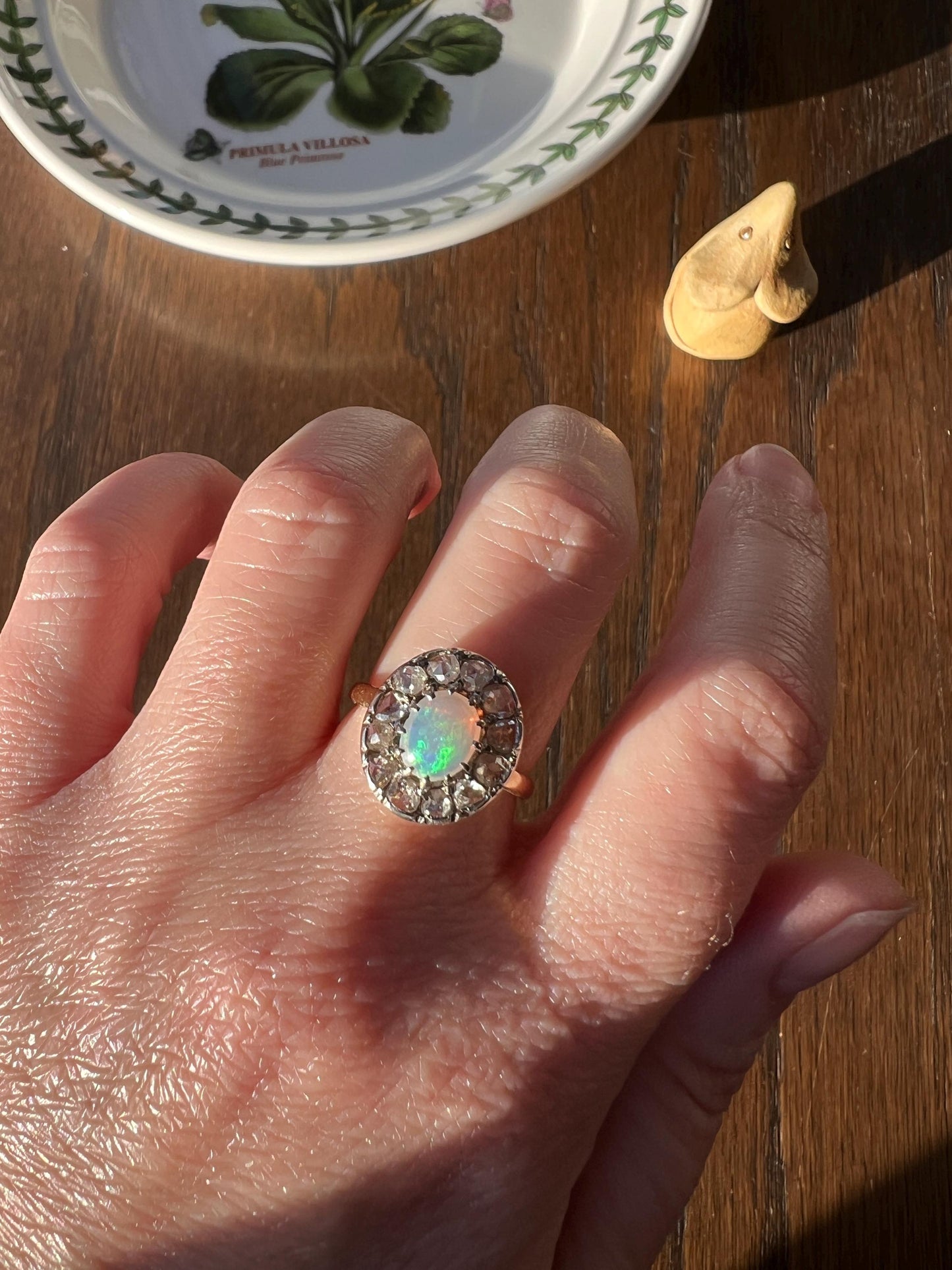 OPAL Rose Cut DIAMOND Halo Antique 18k Gold Ring Cluster Iridescent Blue Green Stacker Romantic Gift Sparkle Cocktail Victorian Edwardian