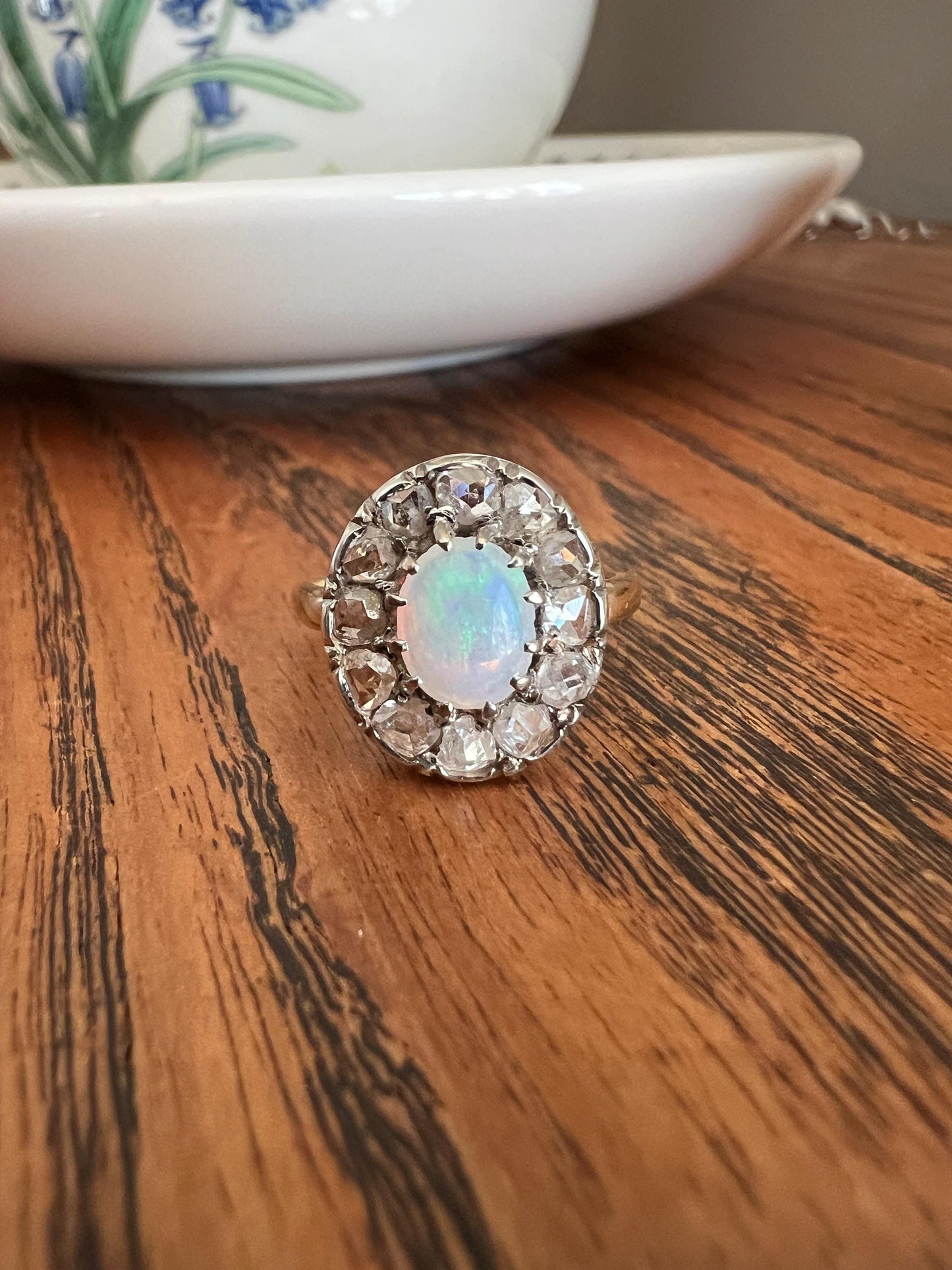 OPAL Rose Cut DIAMOND Halo Antique 18k Gold Ring Cluster Iridescent Blue Green Stacker Romantic Gift Sparkle Cocktail Victorian Edwardian