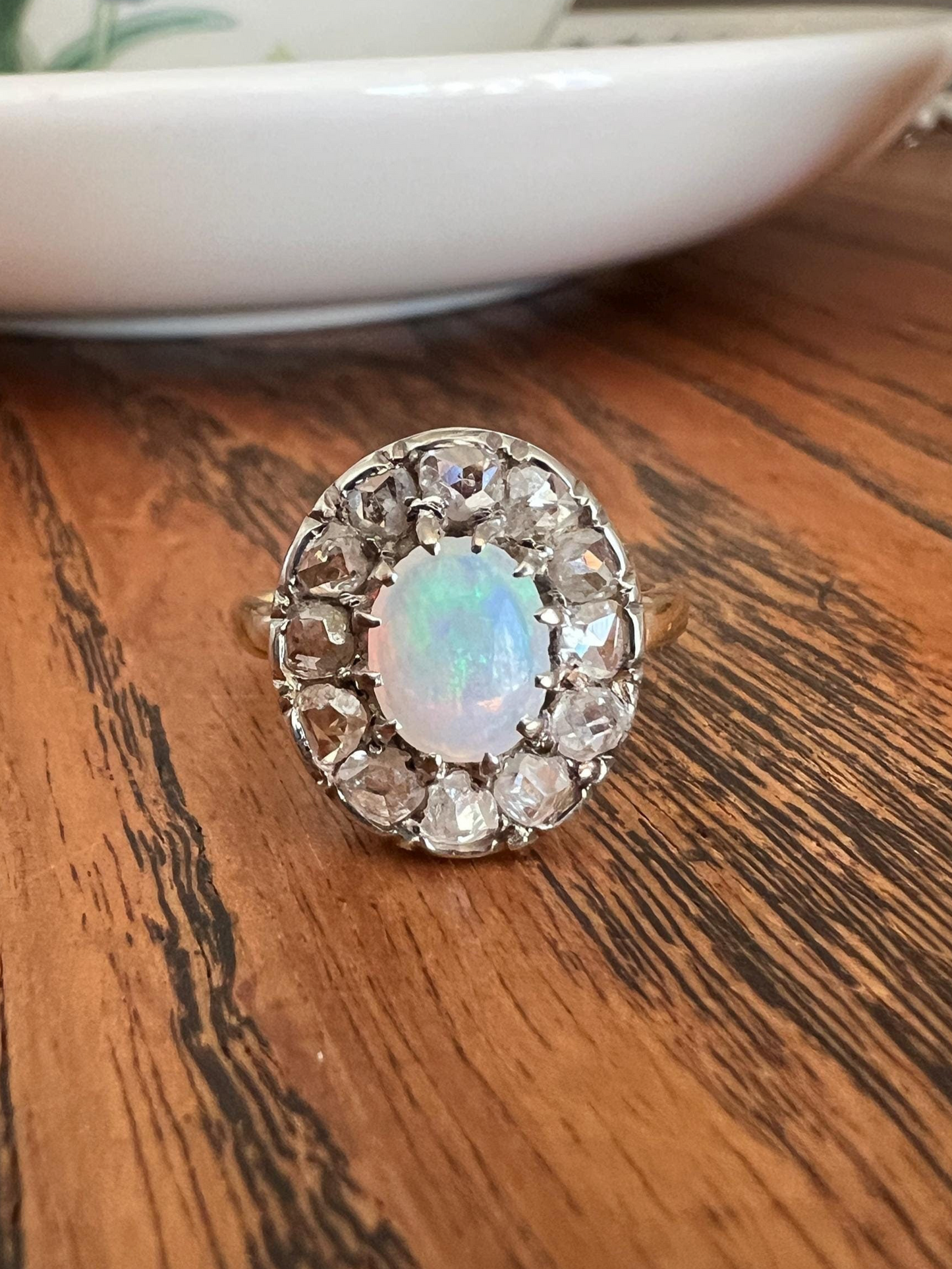 OPAL Rose Cut DIAMOND Halo Antique 18k Gold Ring Cluster Iridescent Blue Green Stacker