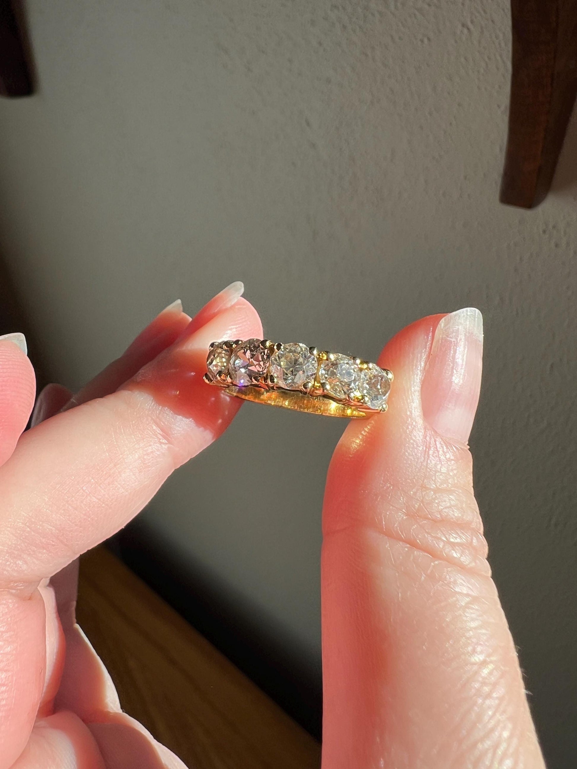 Chunky 2 1/2 Carat Old Mine Cut Antique DIAMOND Five Stone Band Line Ring 18k Gold French Vintage Setting Stacker 2.5Ctw OmC Wedding Gift