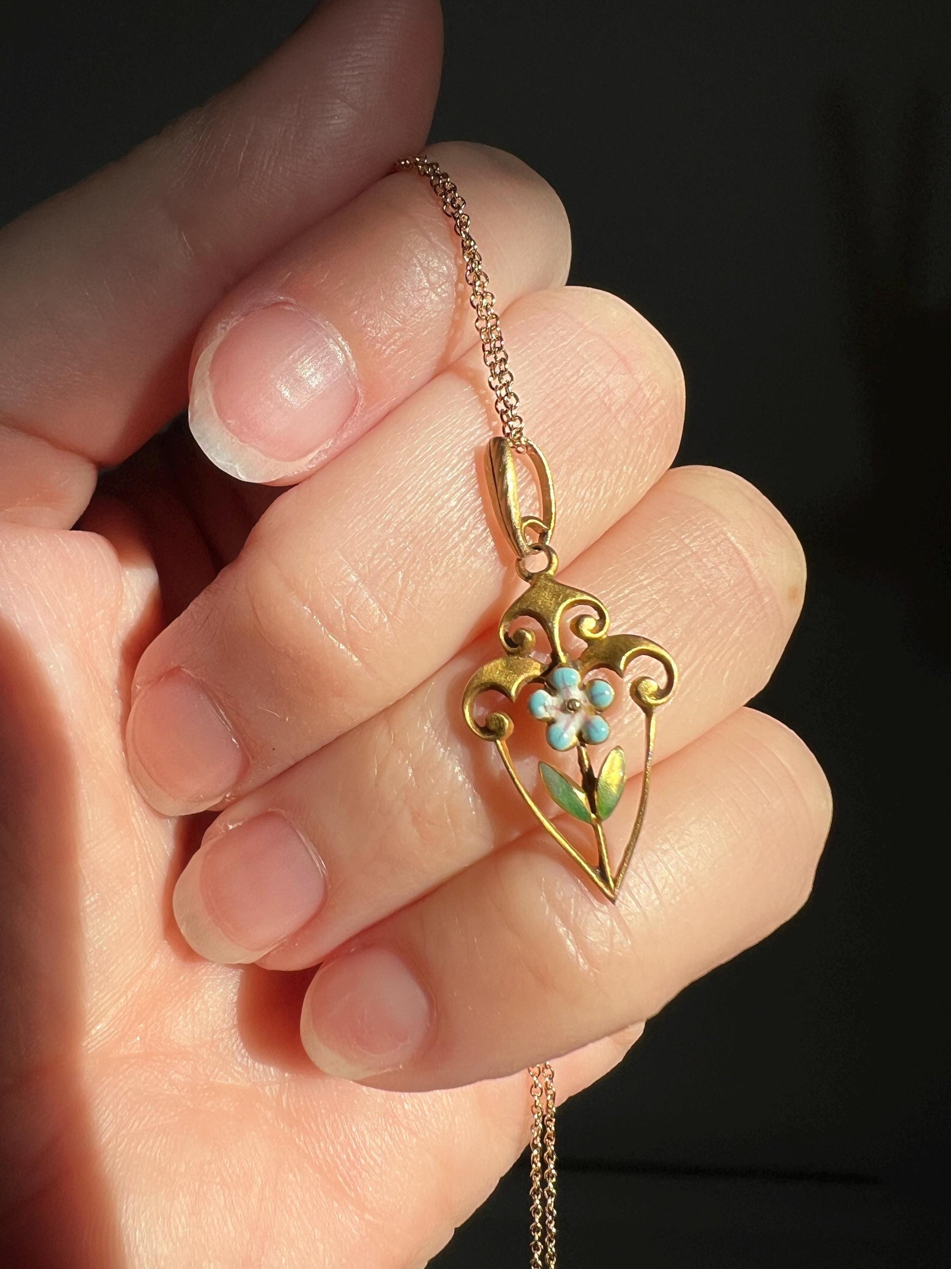FORGET Me NOT Blue Enamel Floral Antique Necklace Victorian 14k Gold Pendant on Chain Figural Lavalier Minimalist Bridal Something Old Blue